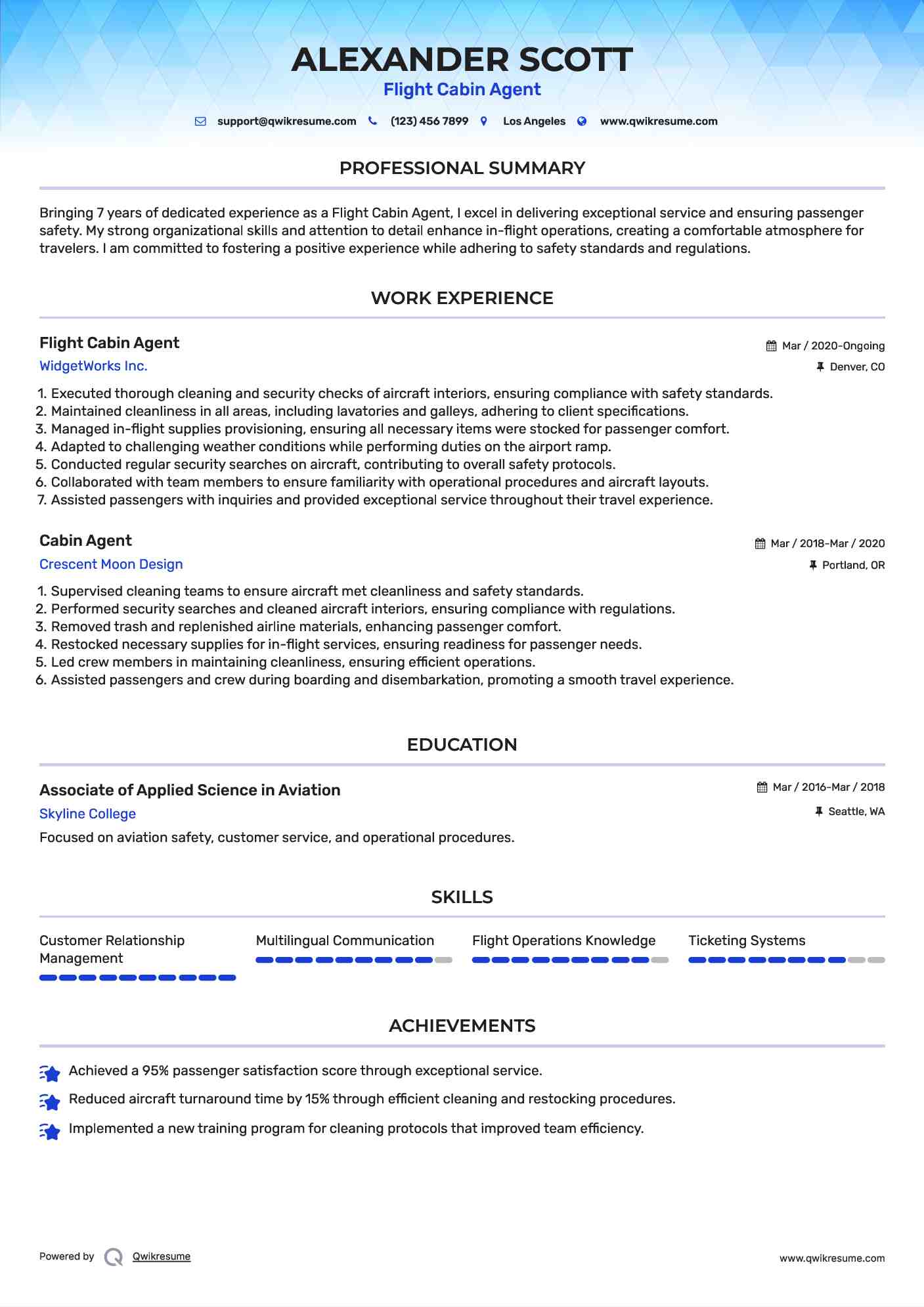 Flight Cabin Agent Resume Model