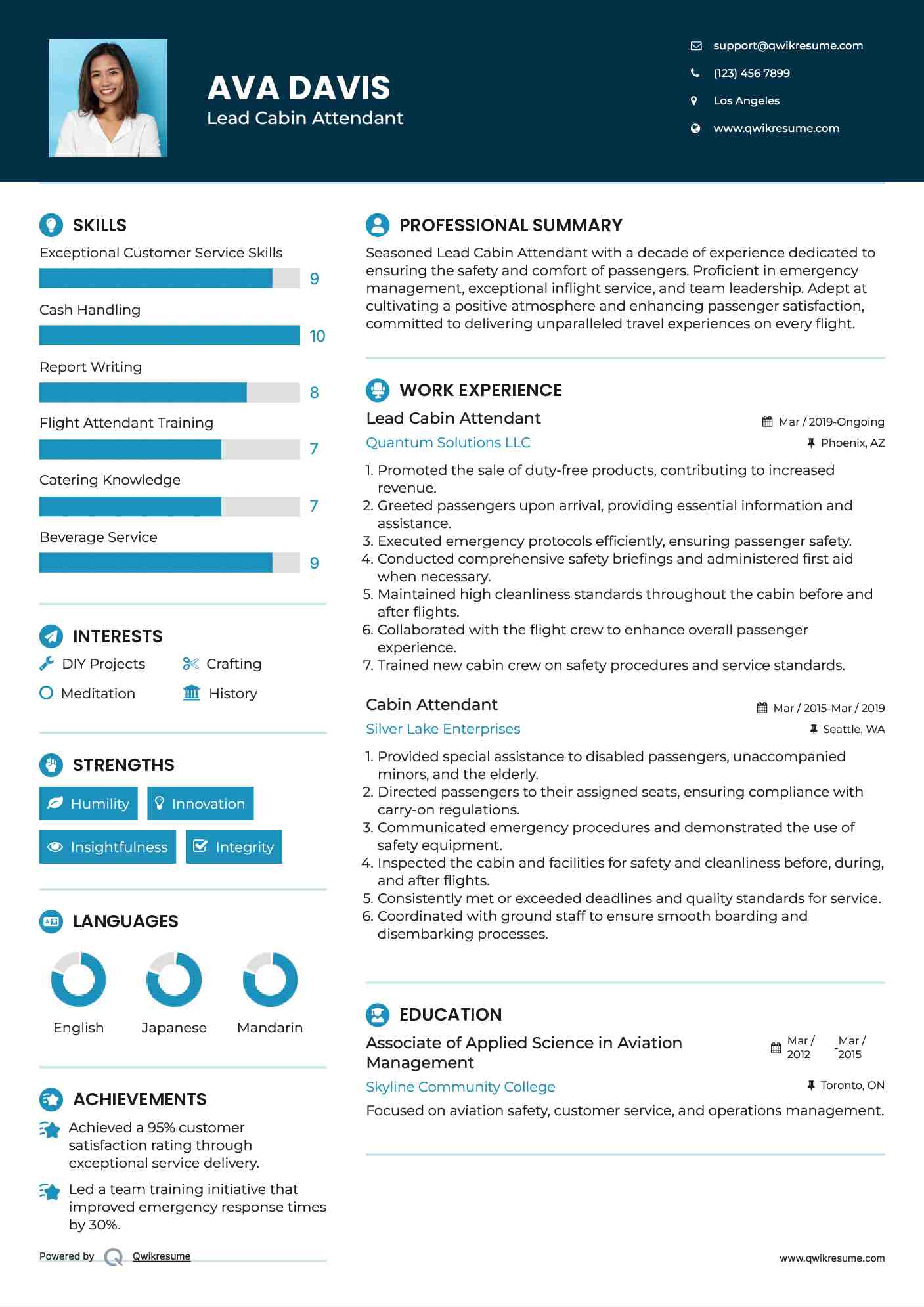 Lead Cabin Attendant Resume Sample