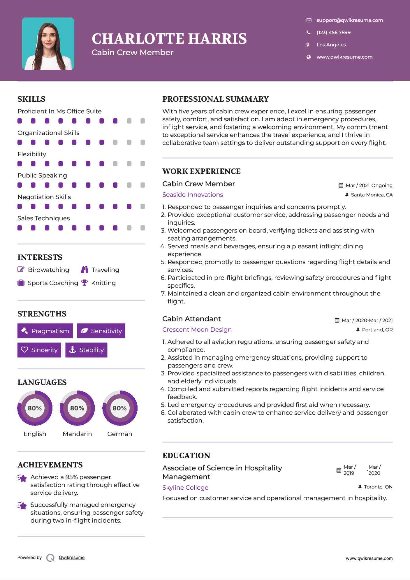 Cabin Crew Member Resume Sample