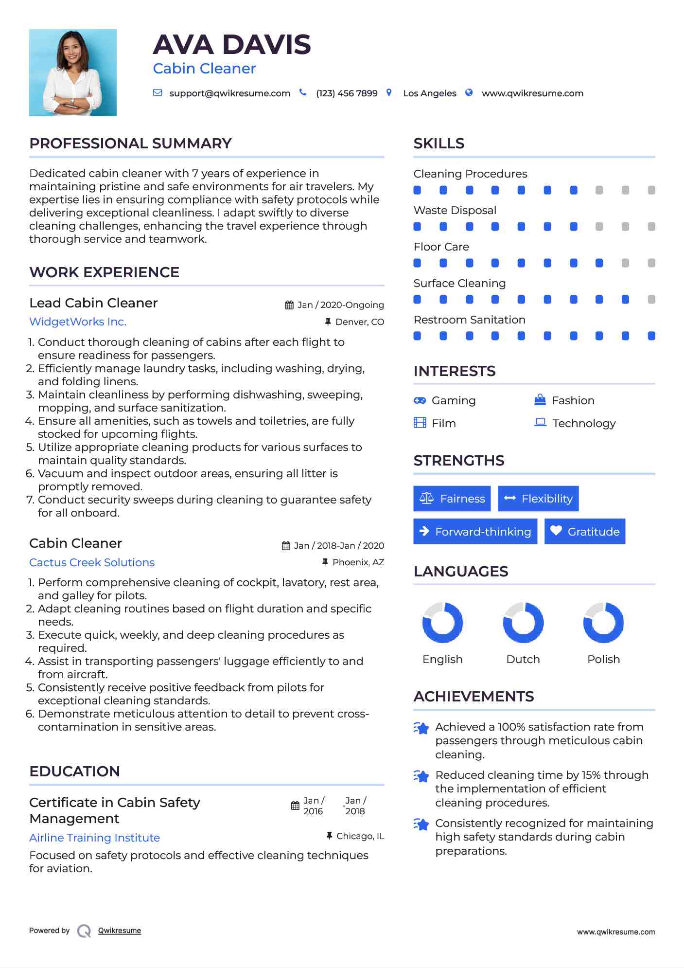 Lead Cabin Cleaner Resume Template