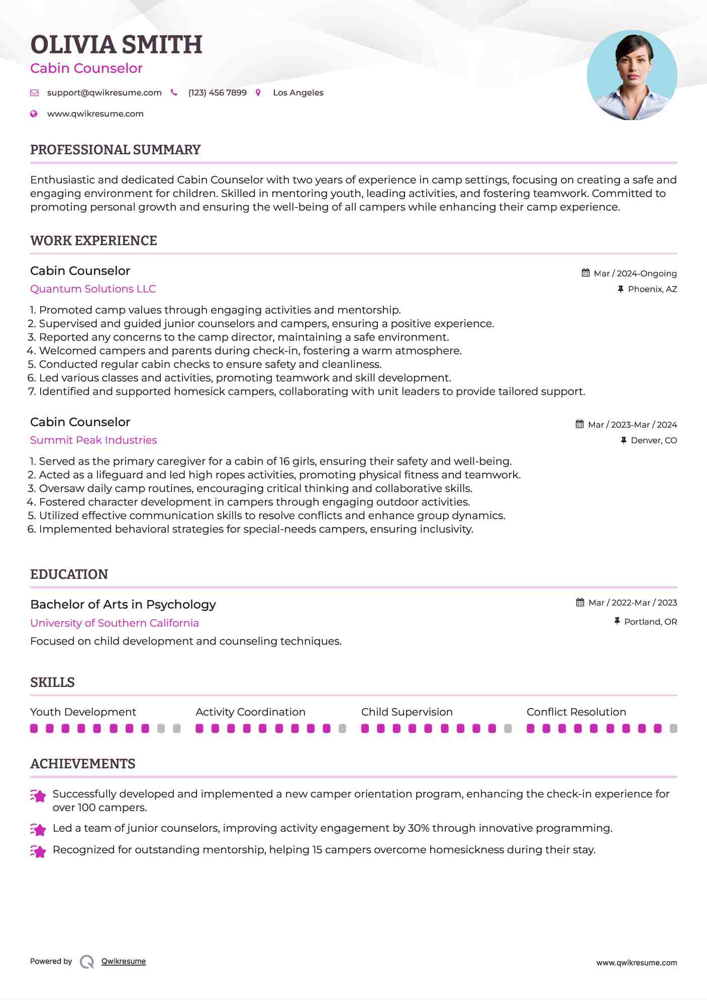 Cabin Counselor Resume Sample