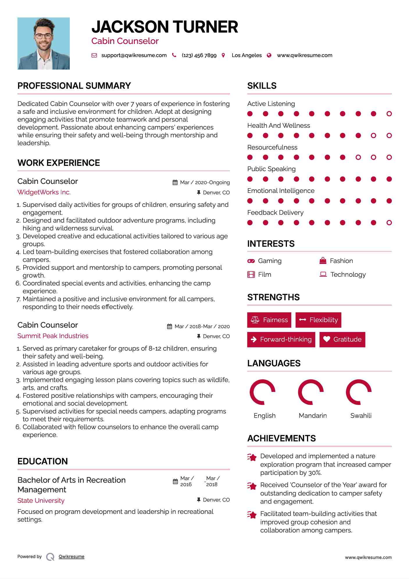 Cabin Counselor Resume Model