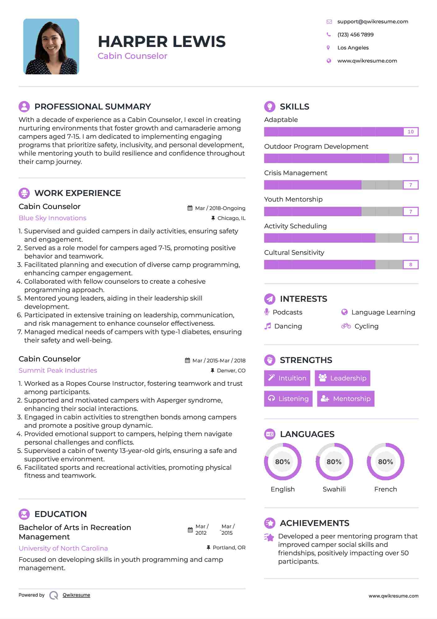 Cabin Counselor Resume Sample