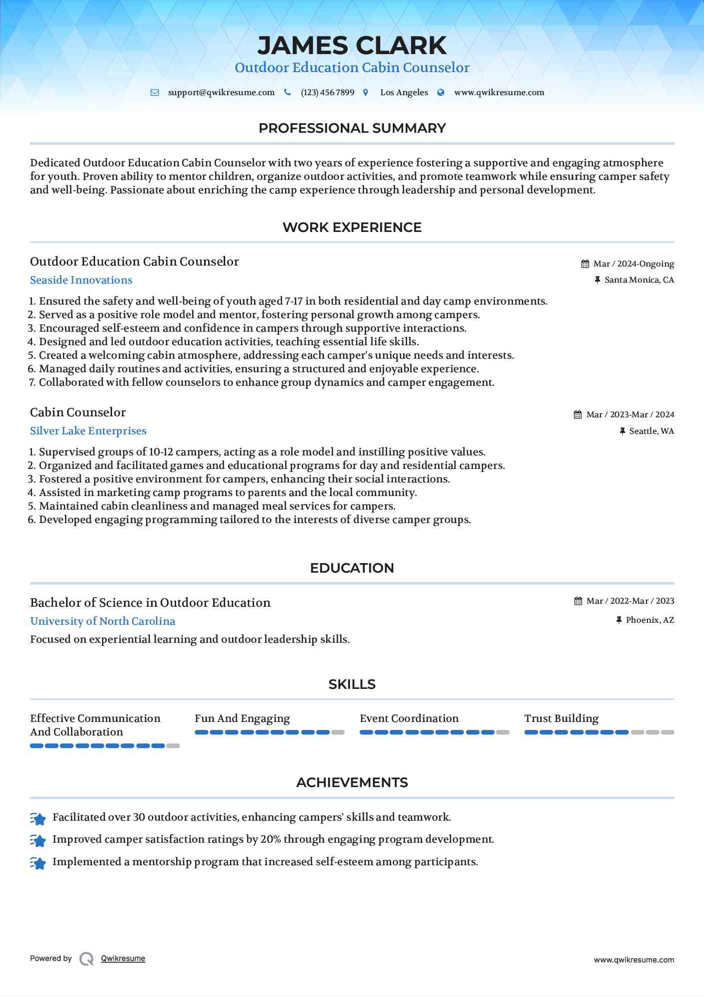 Outdoor Education Cabin Counselor Resume Sample