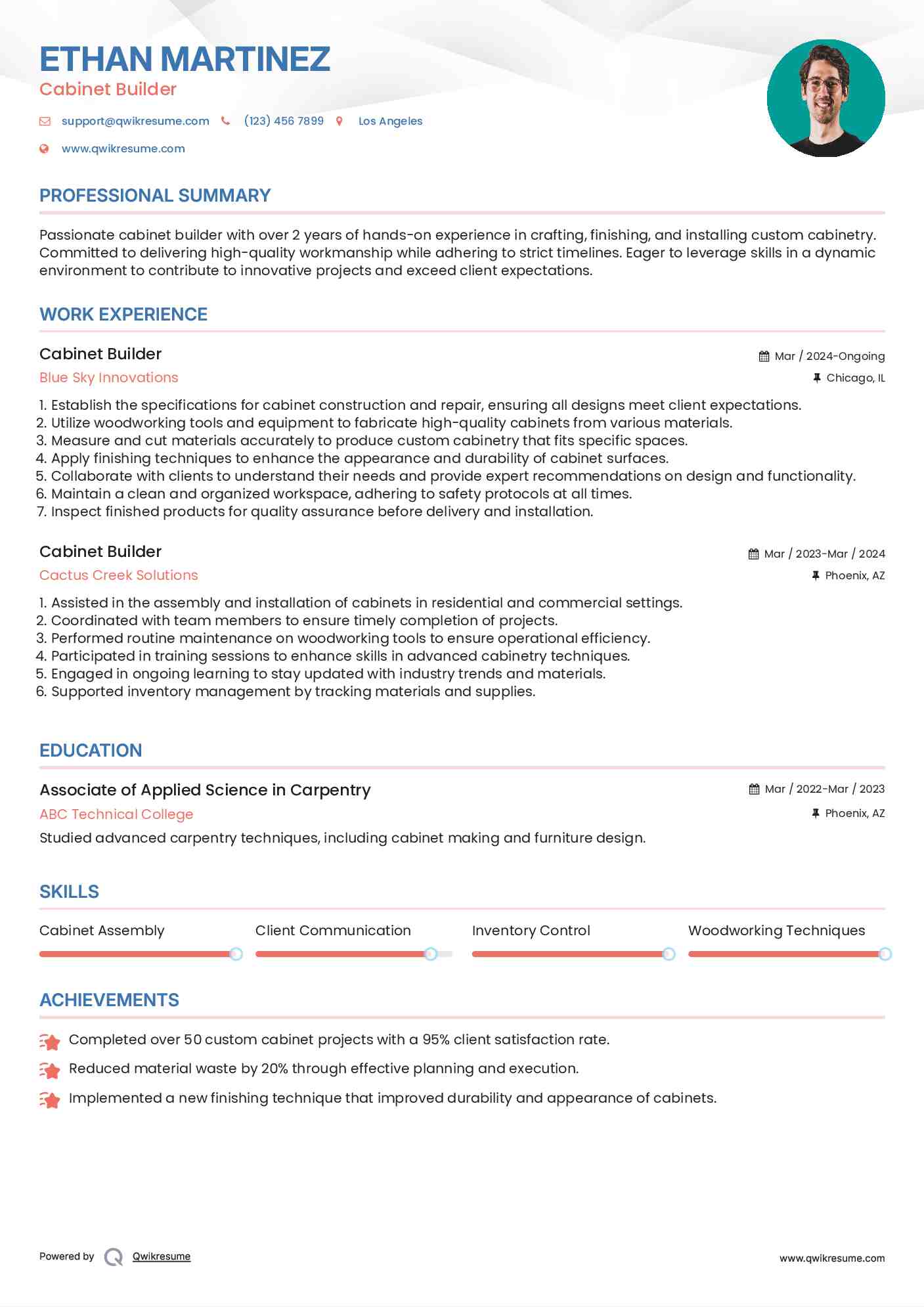 Cabinet Builder Resume Sample