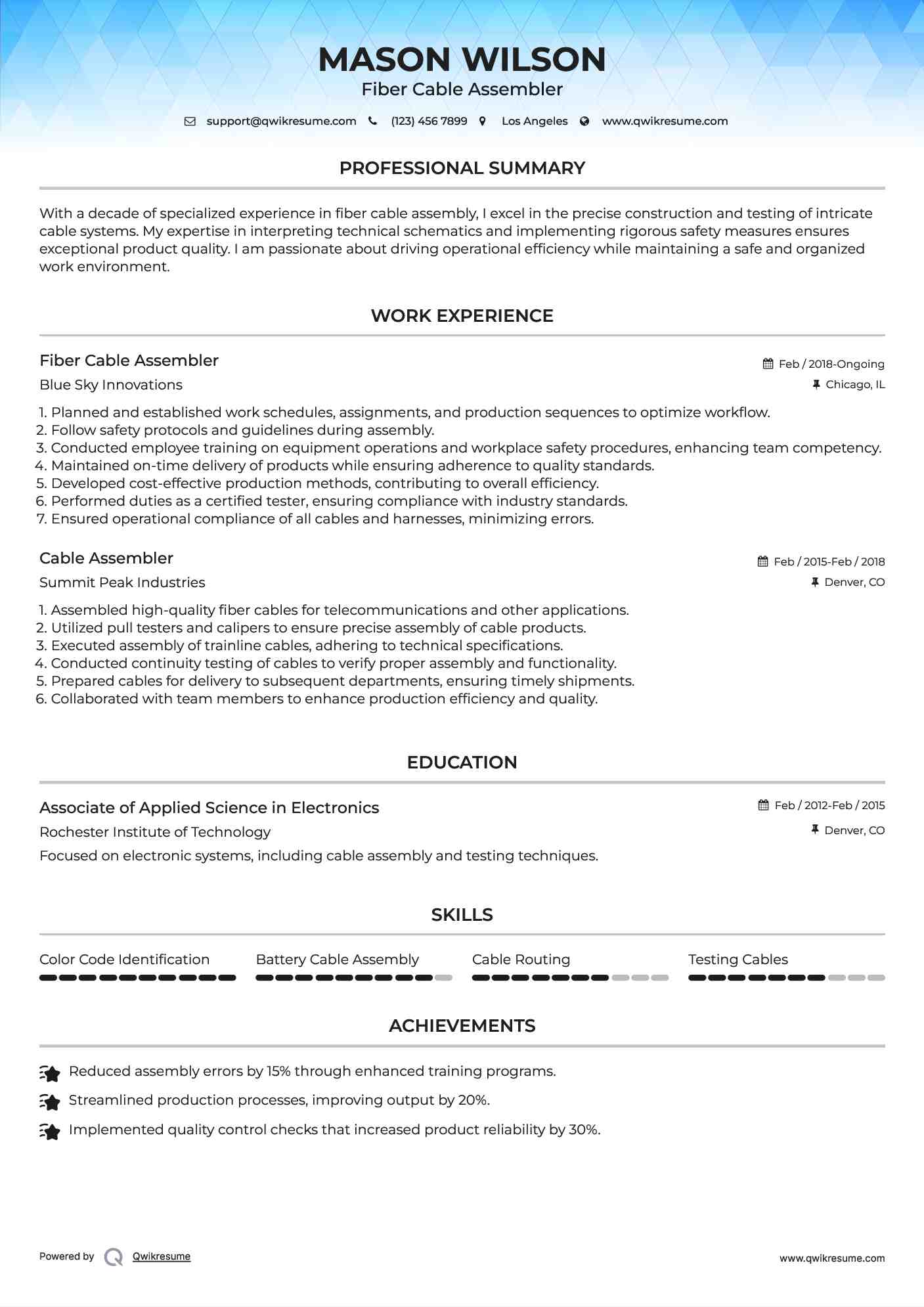 Fiber Cable Assembler Resume Example