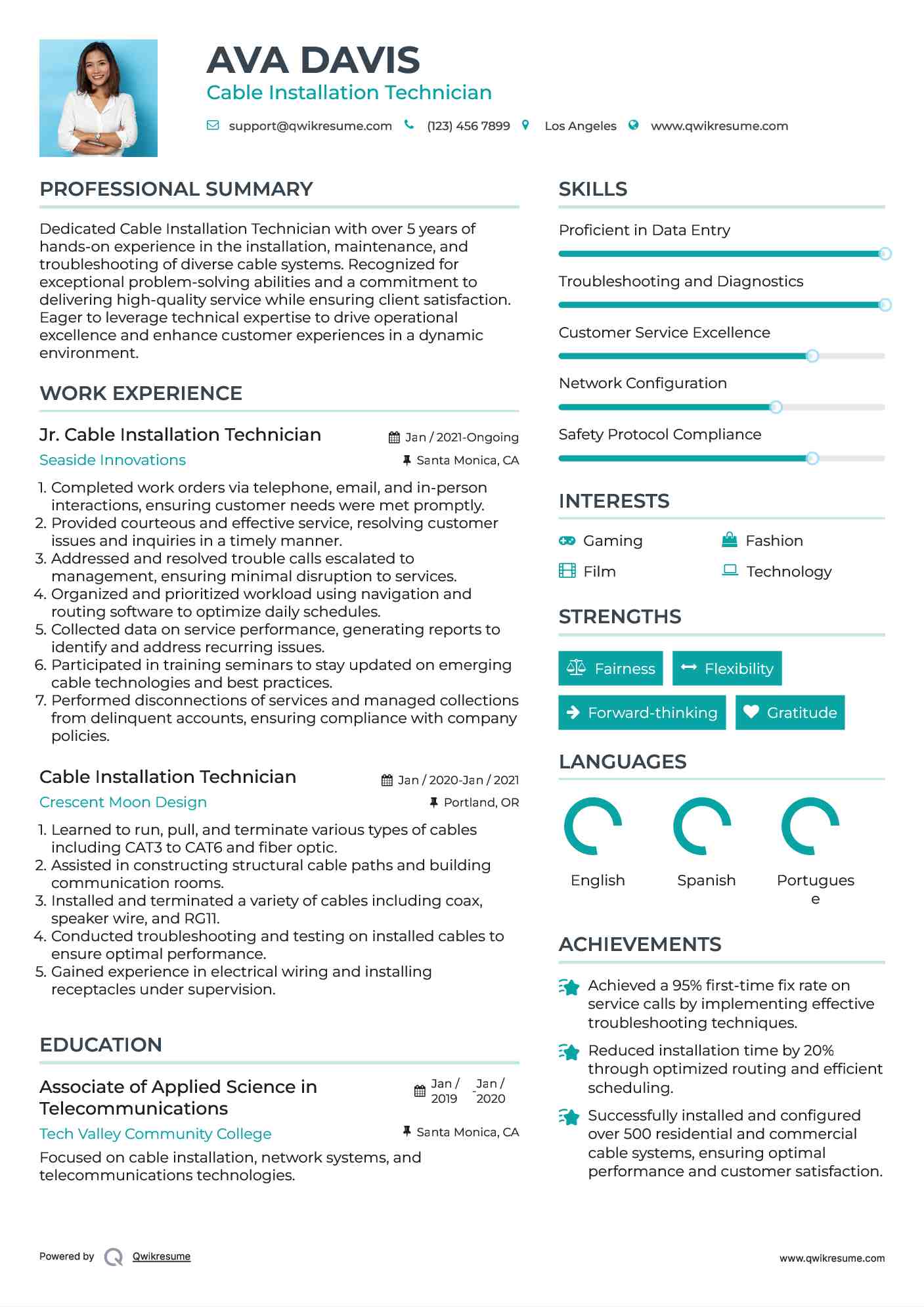 Jr. Cable Installation Technician  Resume Template