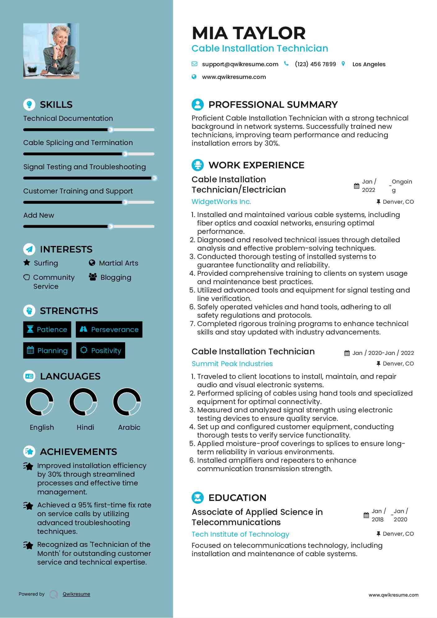 Cable Installation Technician/Electrician Resume Format