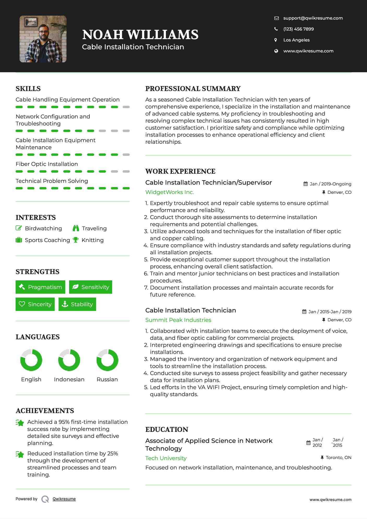 Cable Installation Technician/Supervisor Resume Sample