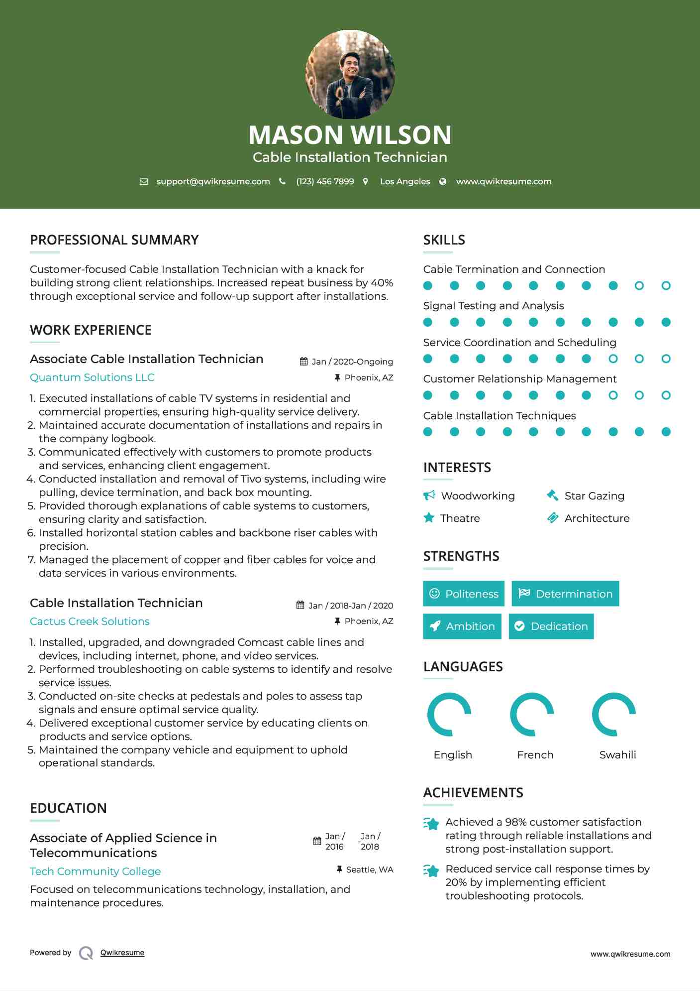 Associate Cable Installation Technician Resume Example