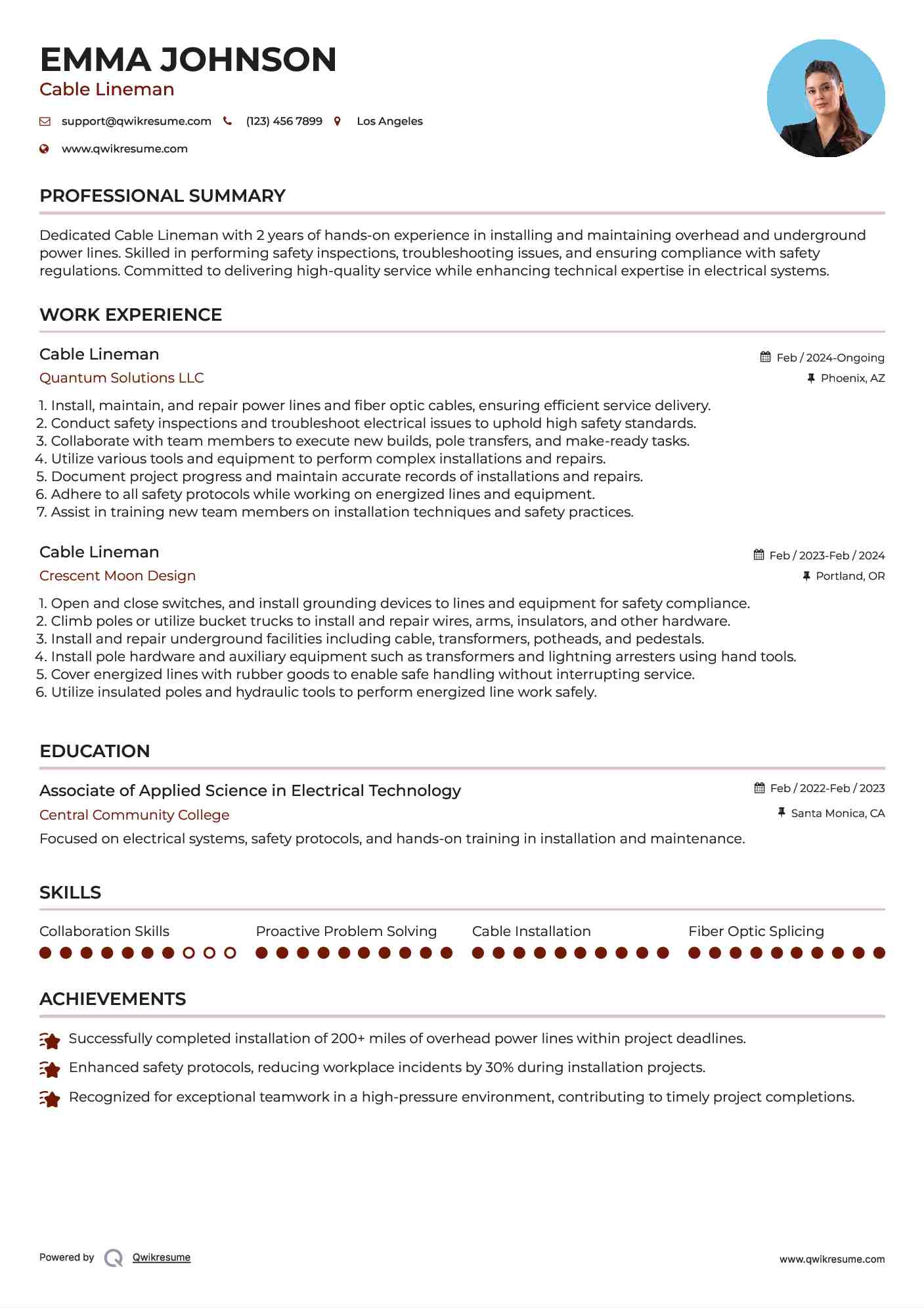 Cable Lineman Resume Example