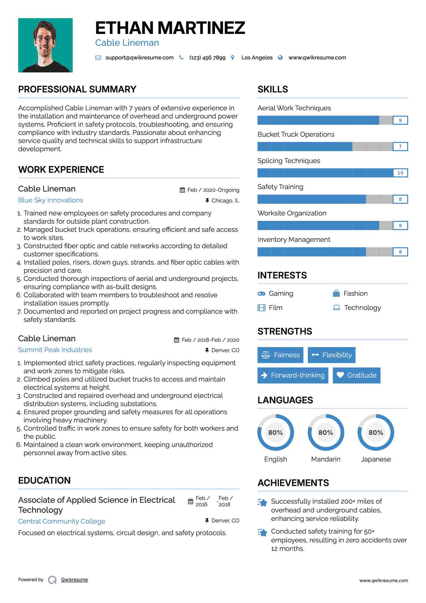 Cable Lineman Resume Template