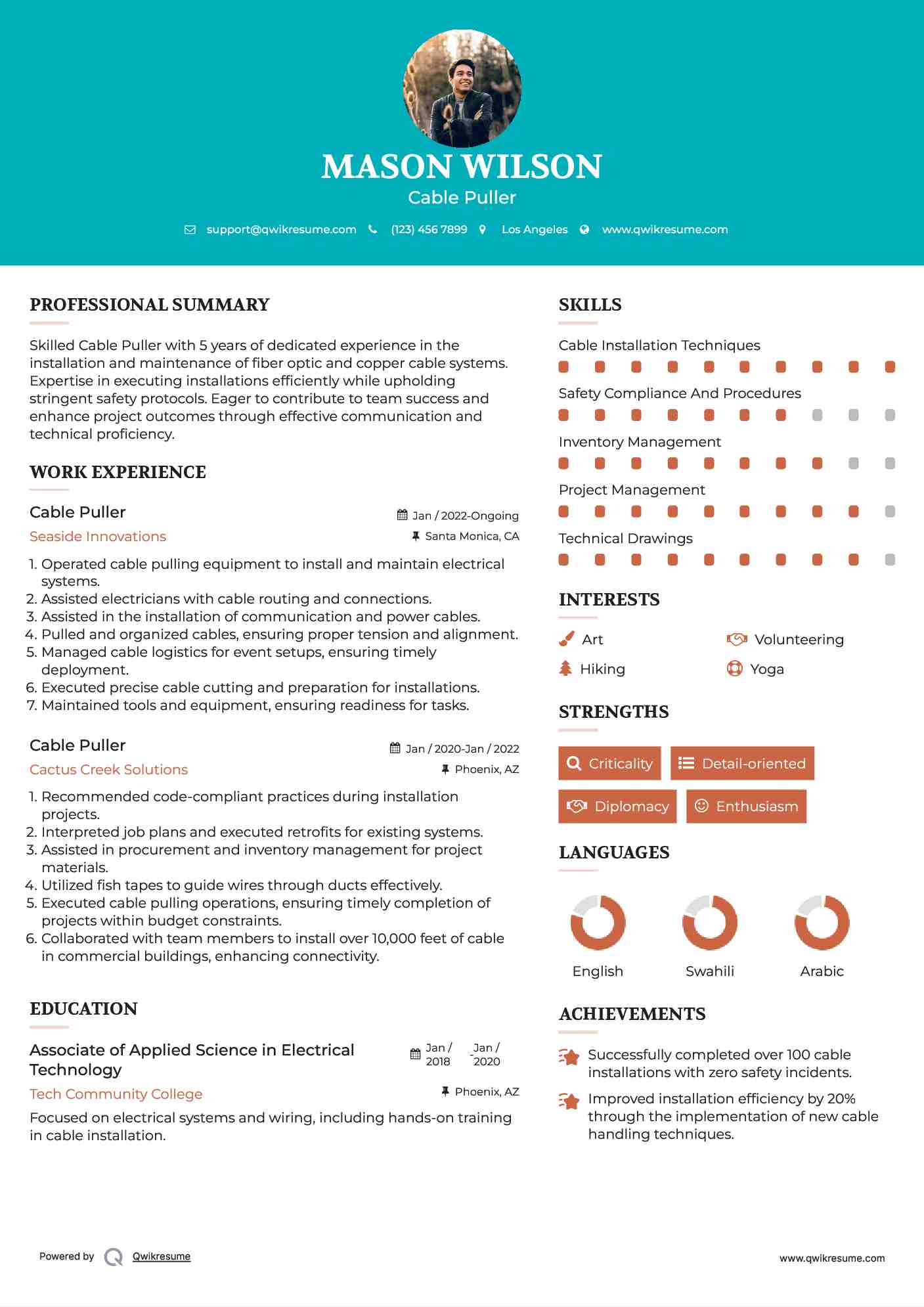 Cable Puller Resume Sample