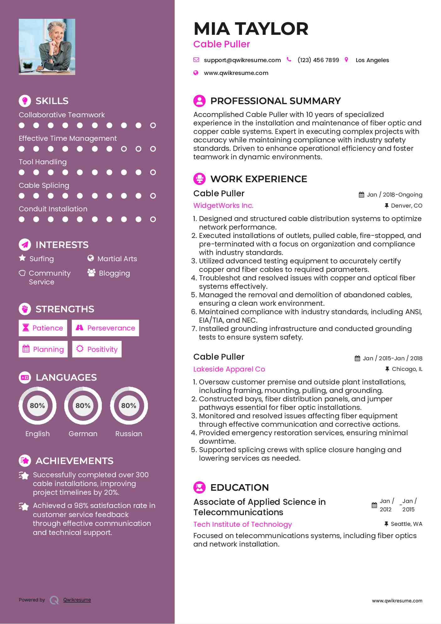 Cable Puller Resume Sample