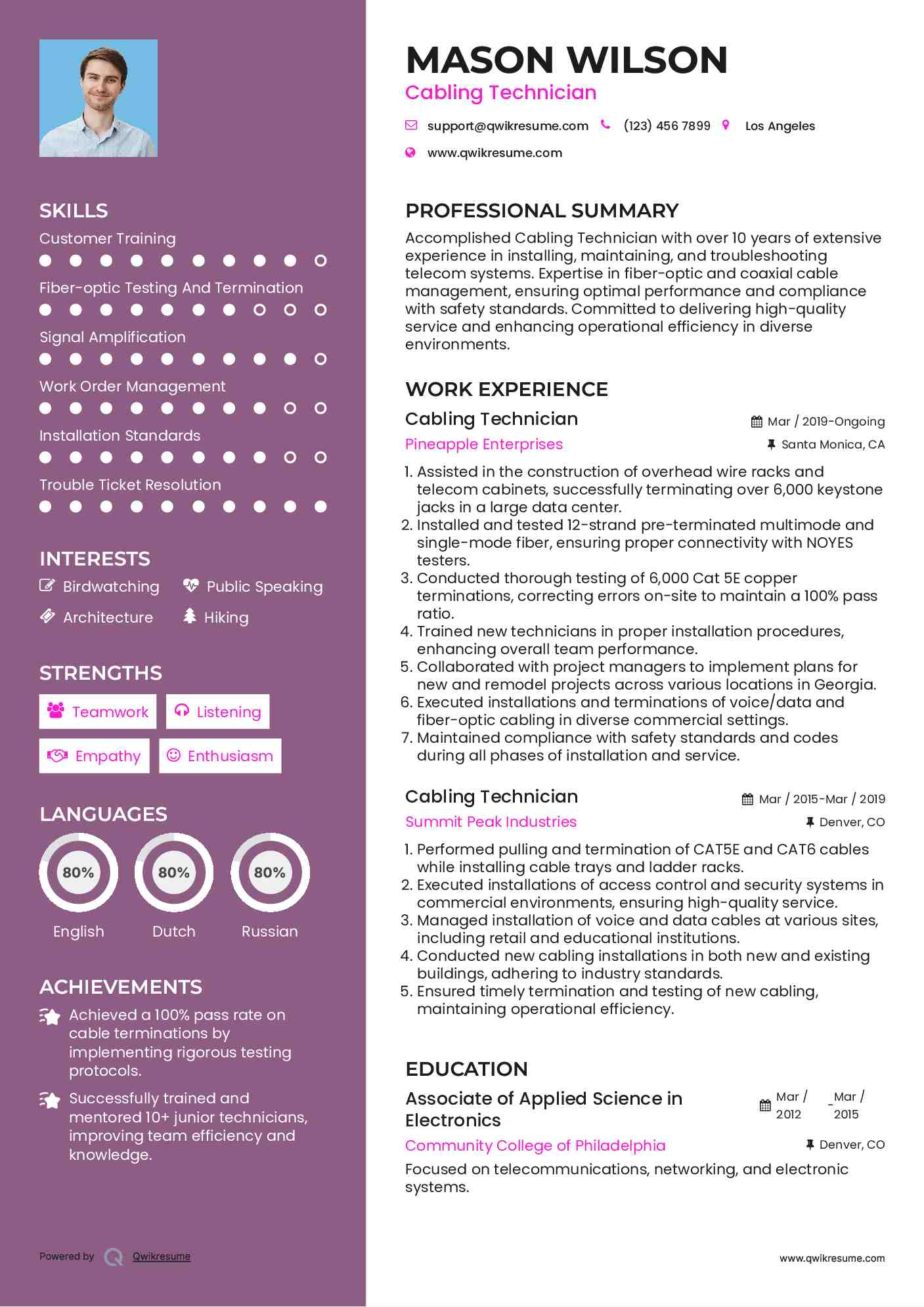 Cabling Technician Resume Example