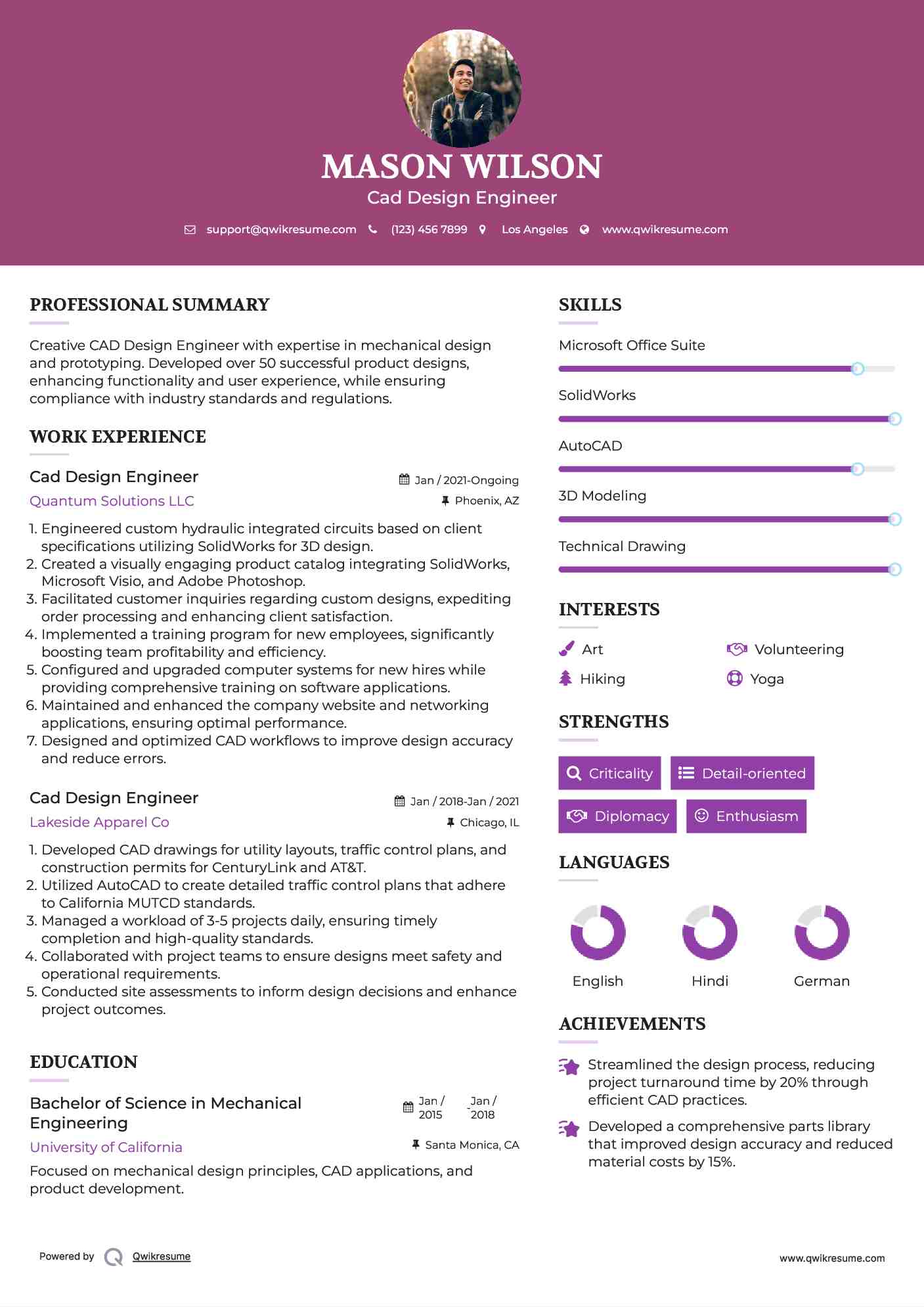 Cad Design Engineer Resume Example
