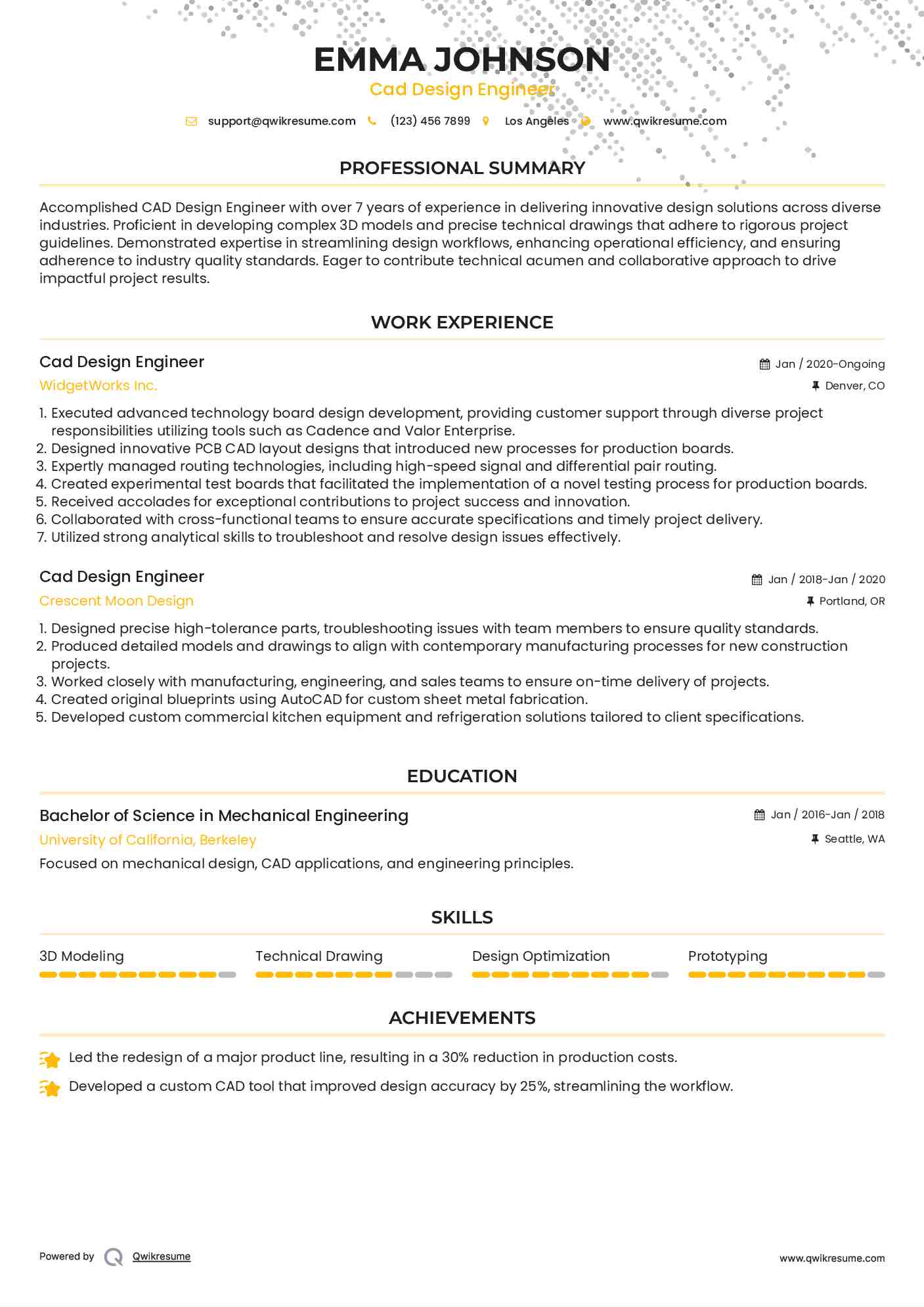 Cad Design Engineer Resume Example