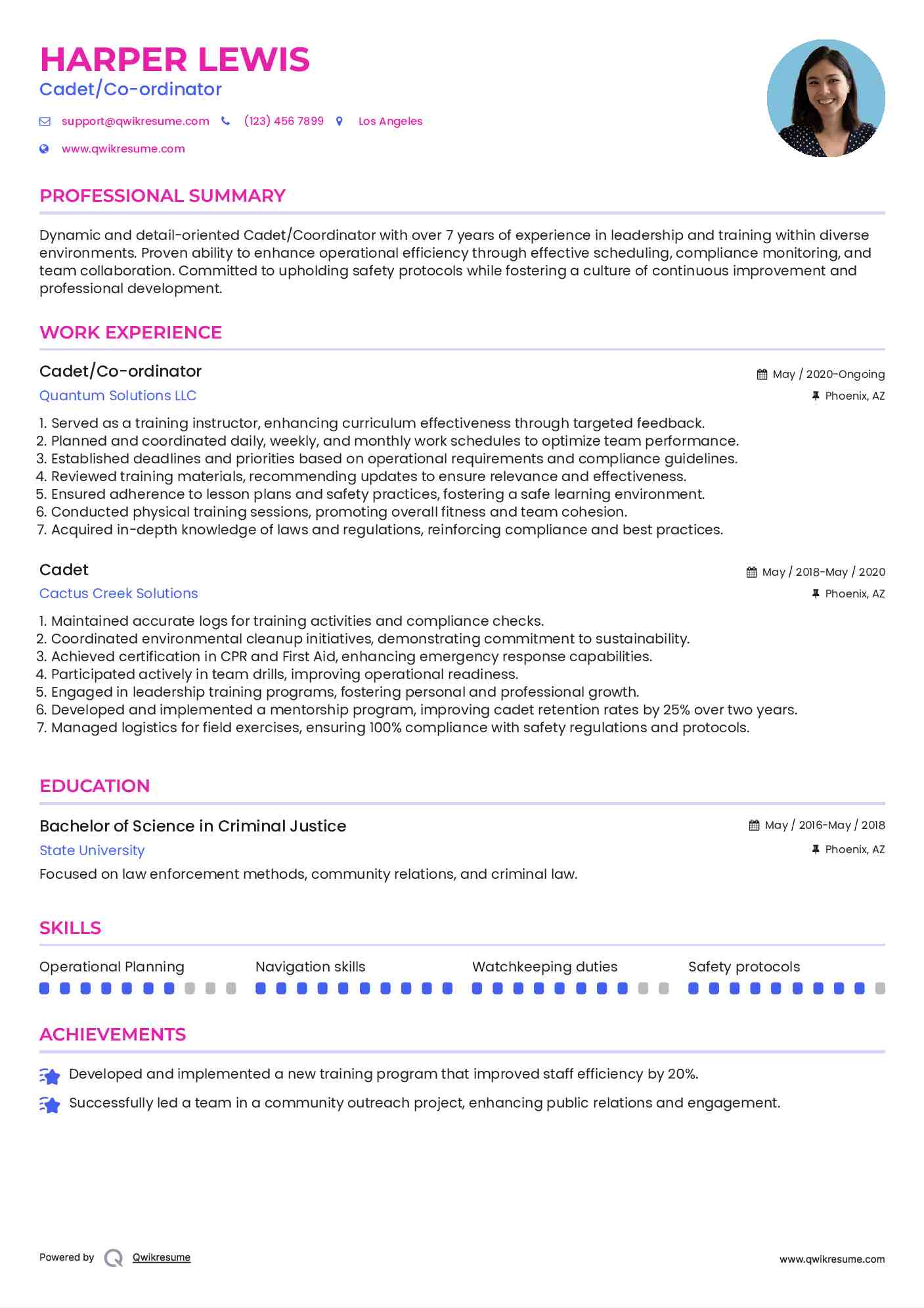 Cadet/Co-ordinator Resume Model