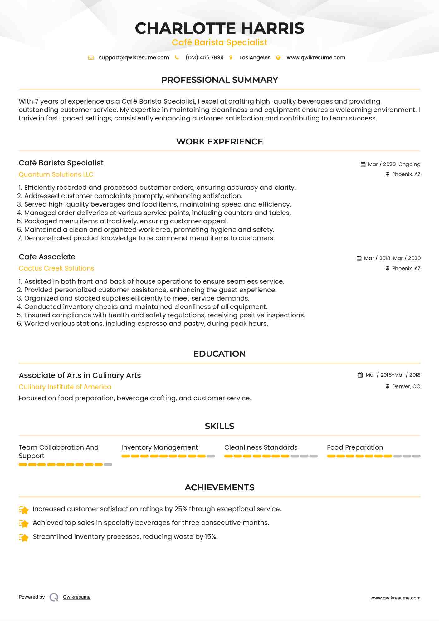 Café Barista Specialist Resume Format