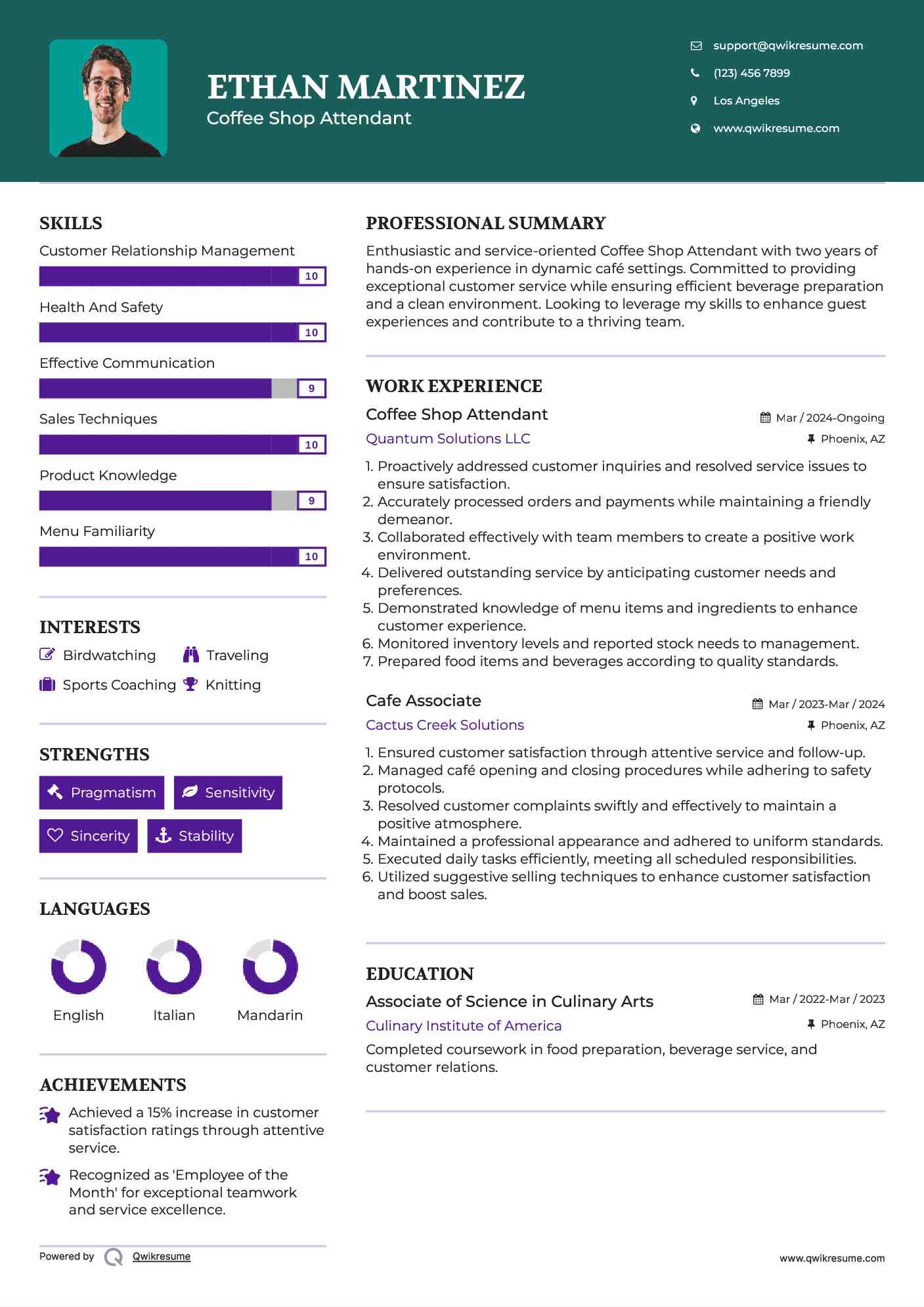 Coffee Shop Attendant Resume Sample