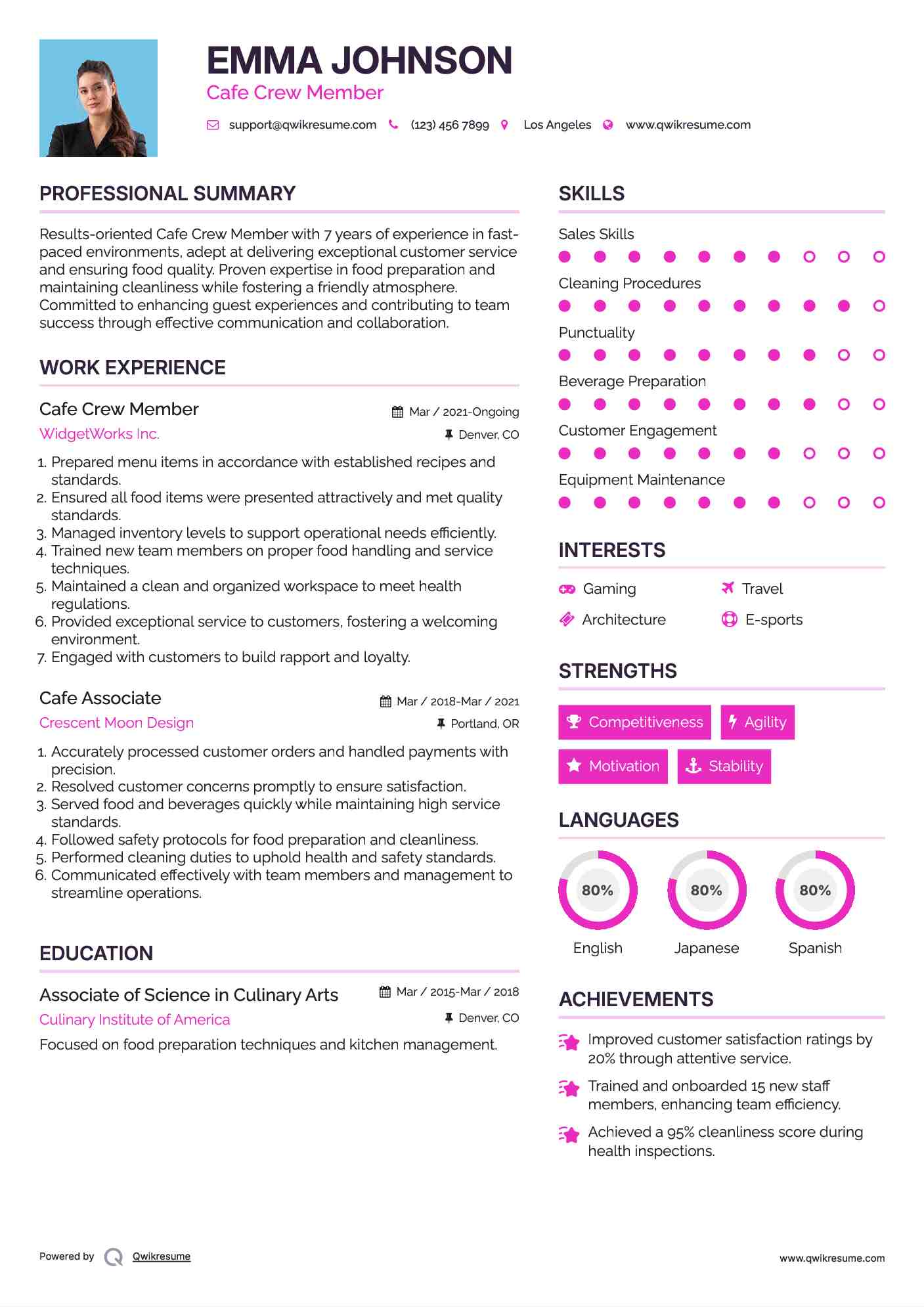 Cafe Crew Member Resume Example