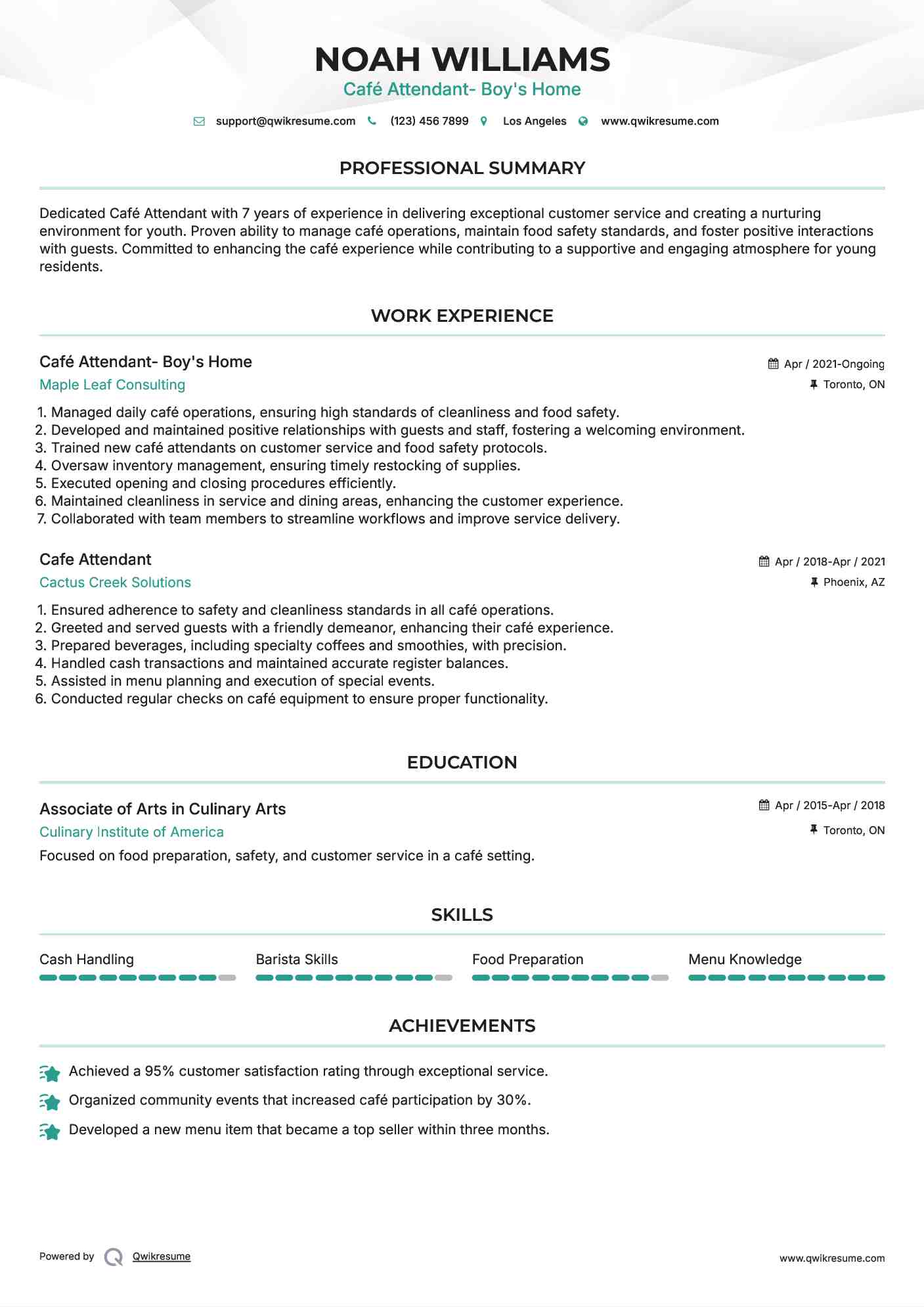 Café Attendant- Boy's Home Resume Template