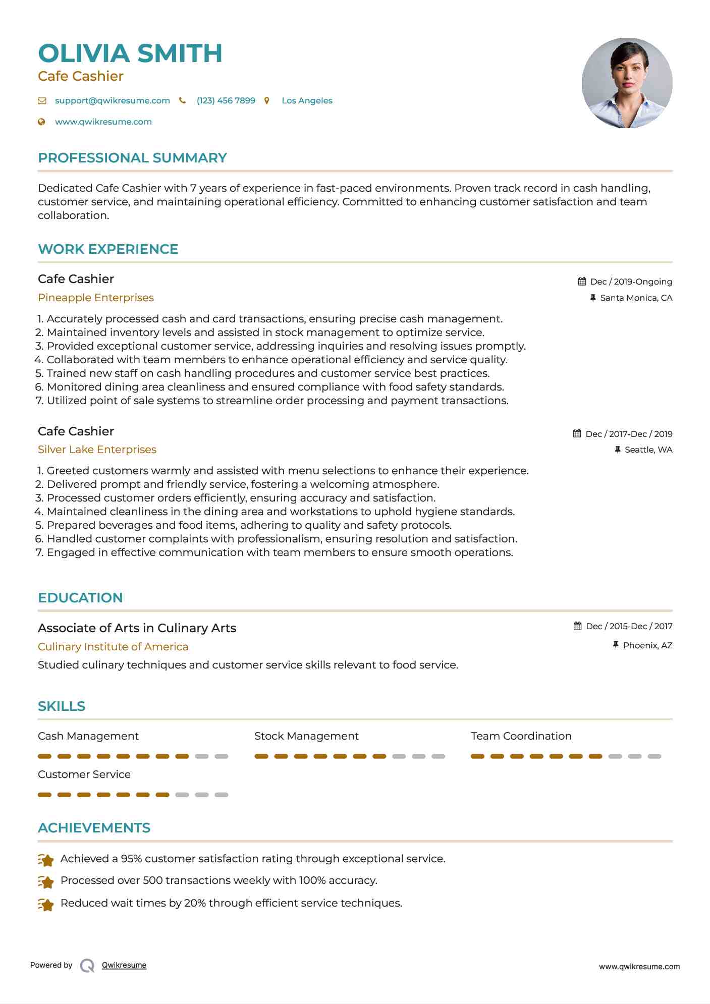 Cafe Cashier Resume Sample