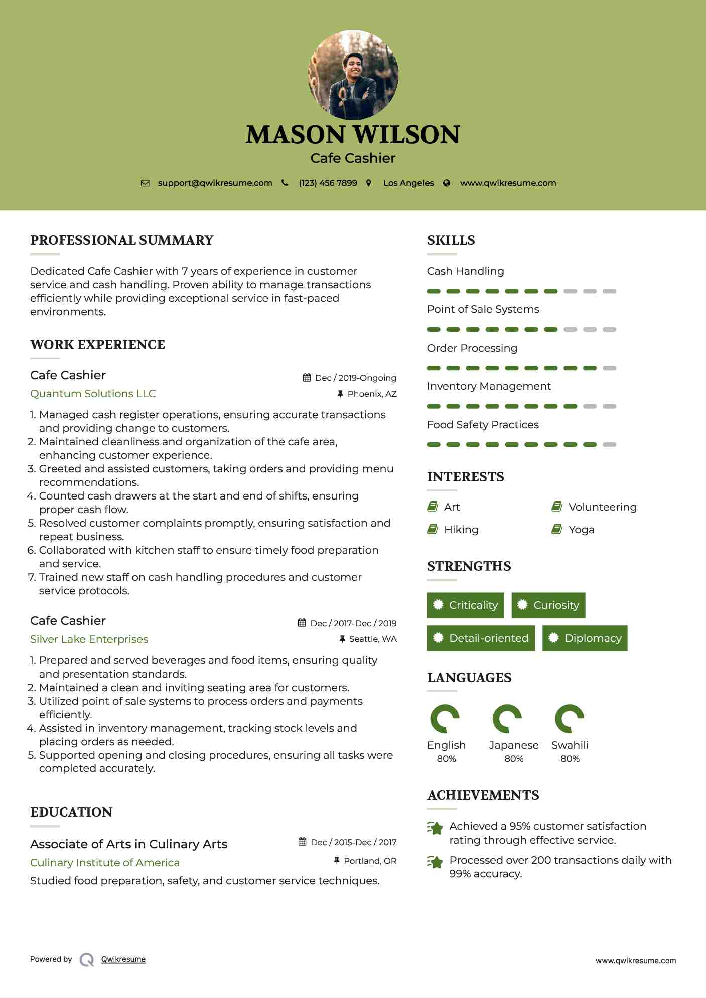 Cafe Cashier Resume Example