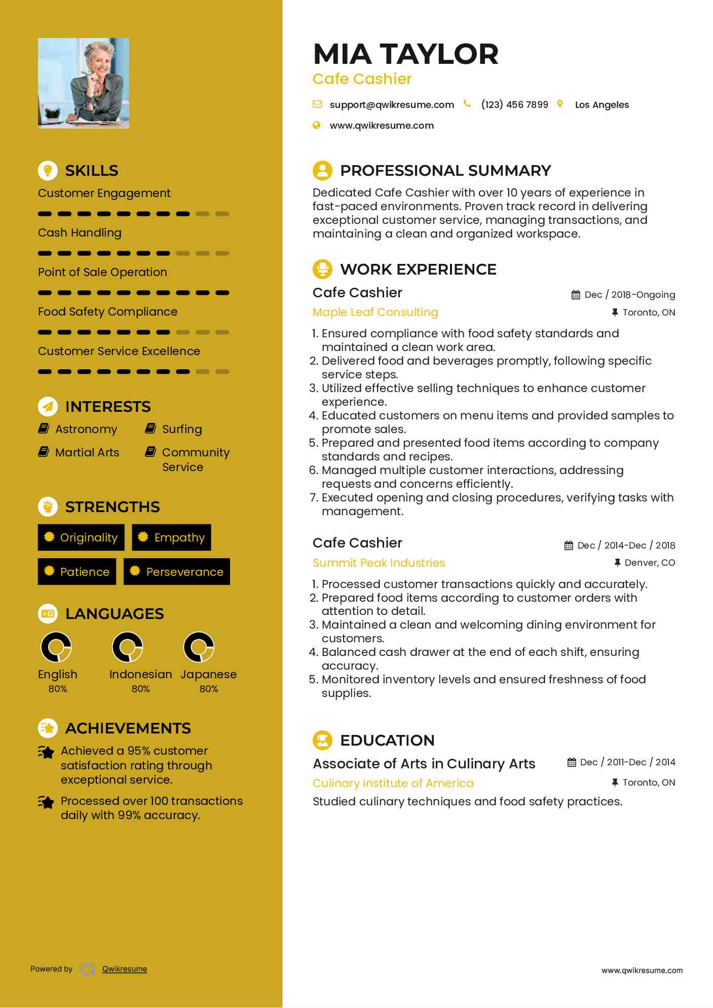 Cafe Cashier Resume Example