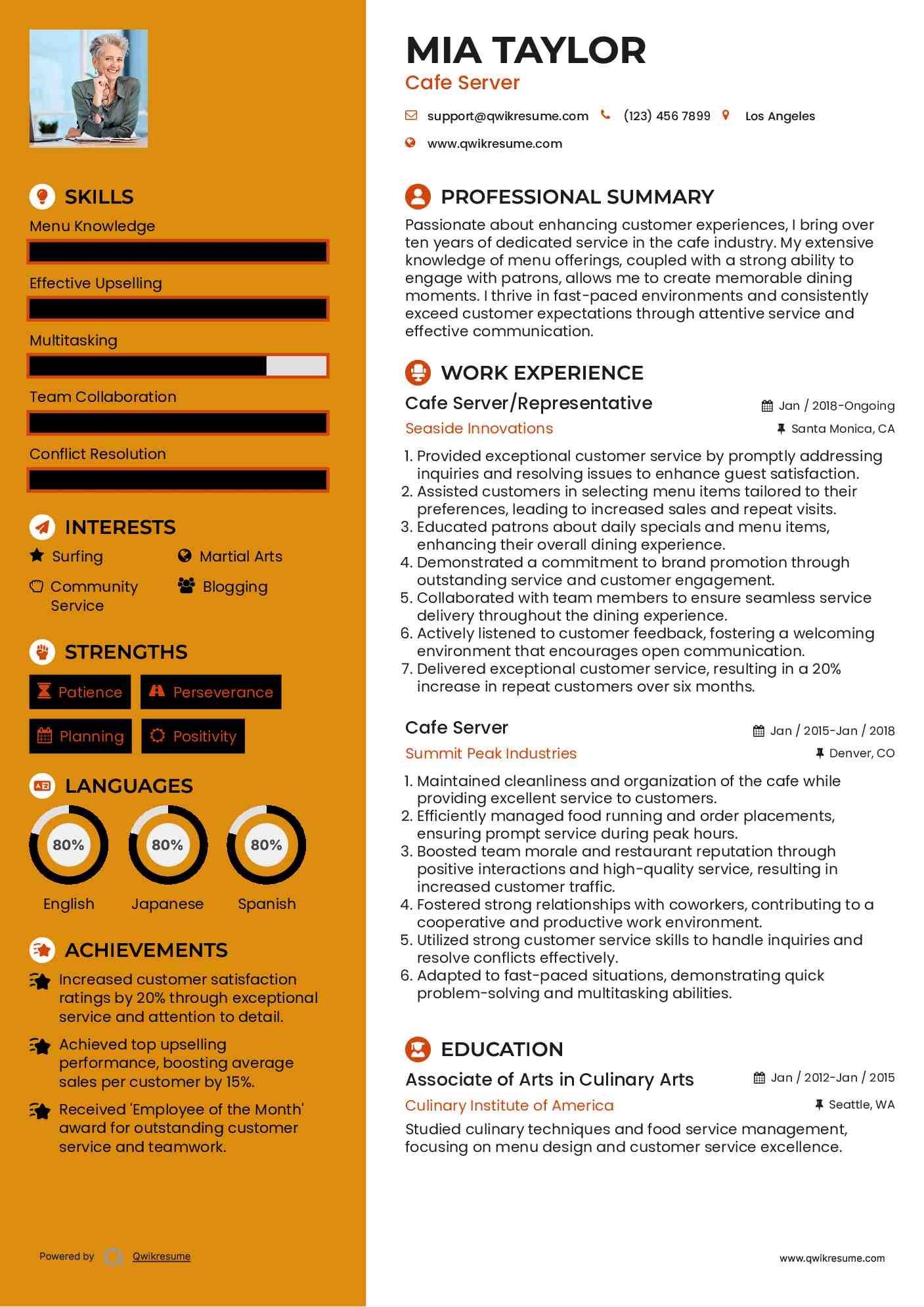 Cafe Server/Representative Resume Model