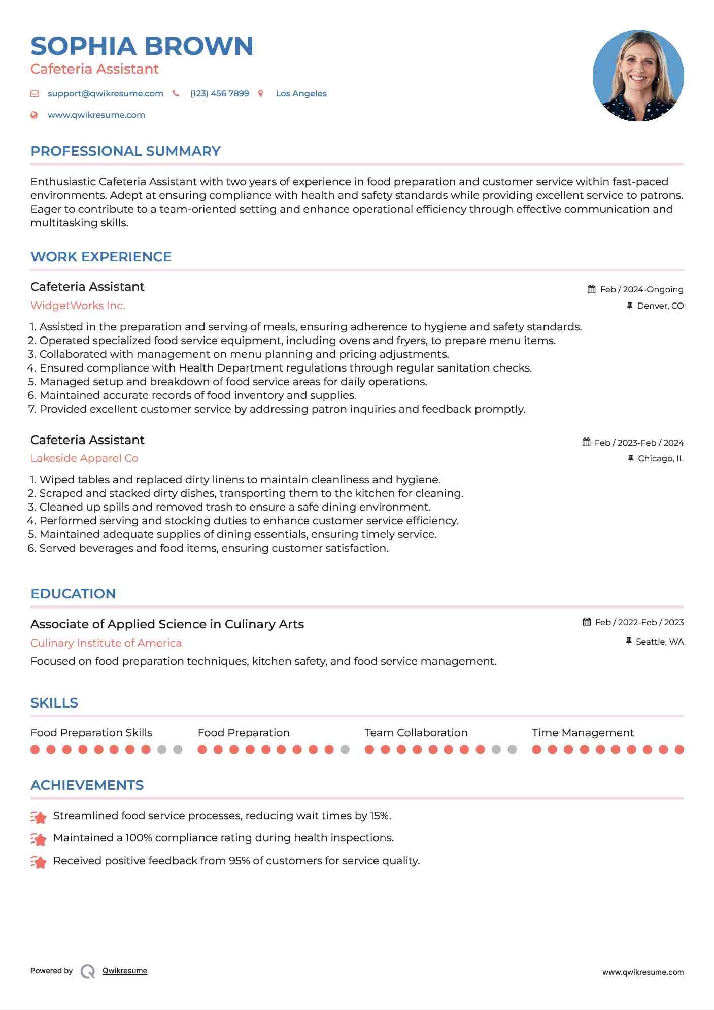 Cafeteria Assistant Resume Samples QwikResume