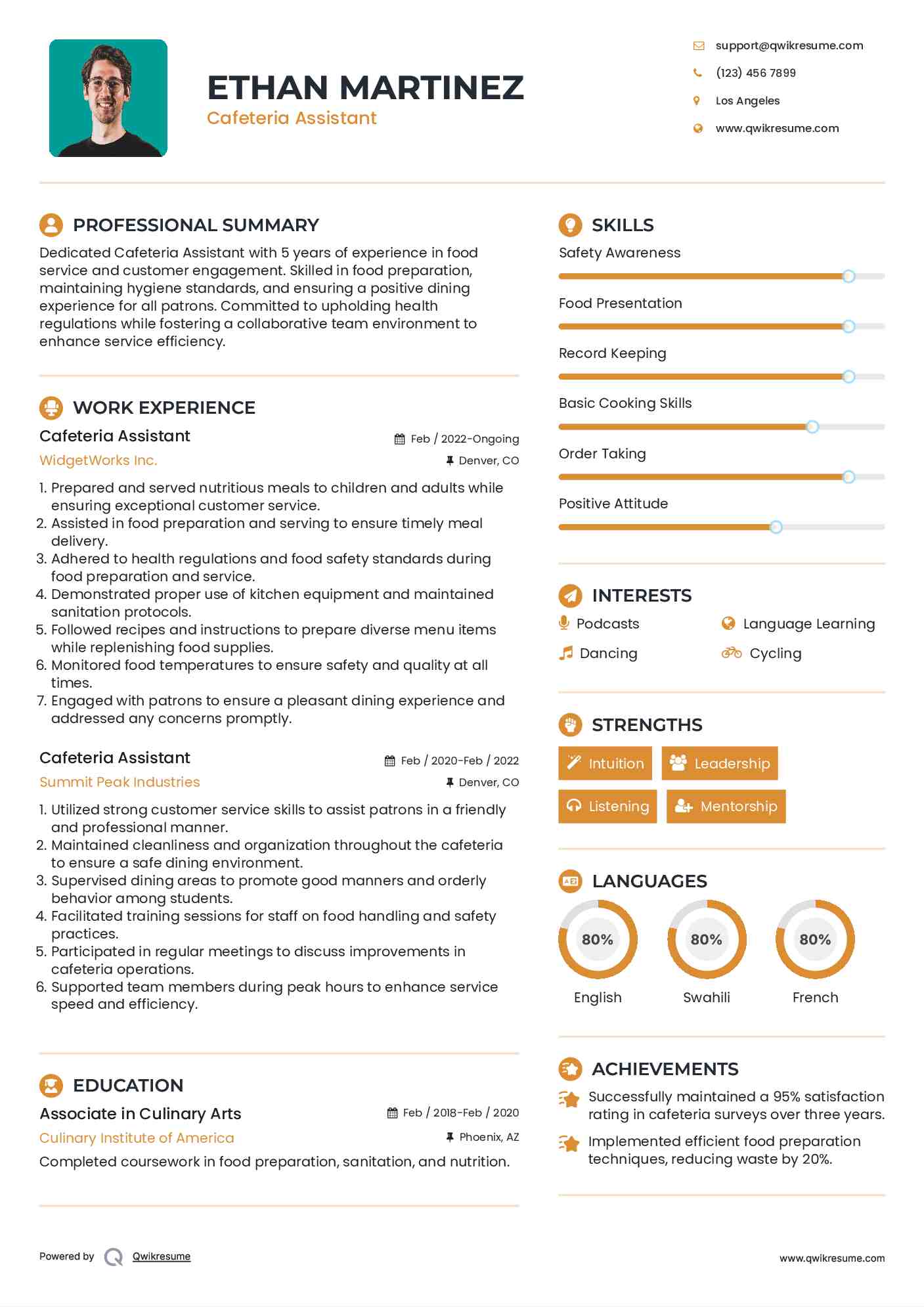 Cafeteria Assistant Resume Samples QwikResume