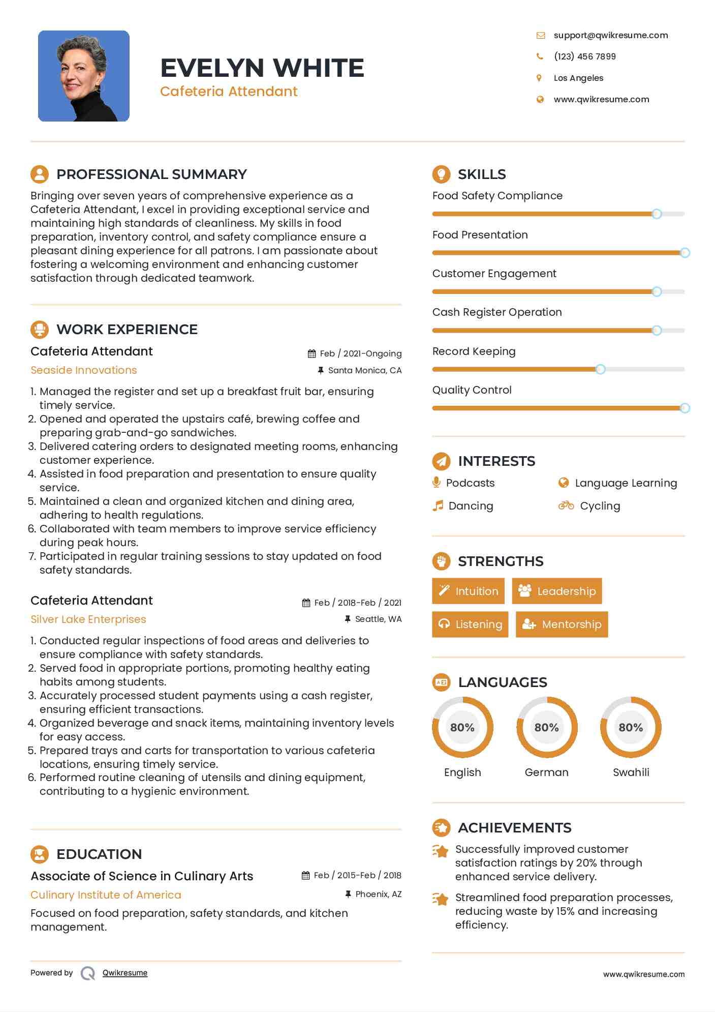 Cafeteria Attendant Resume Example