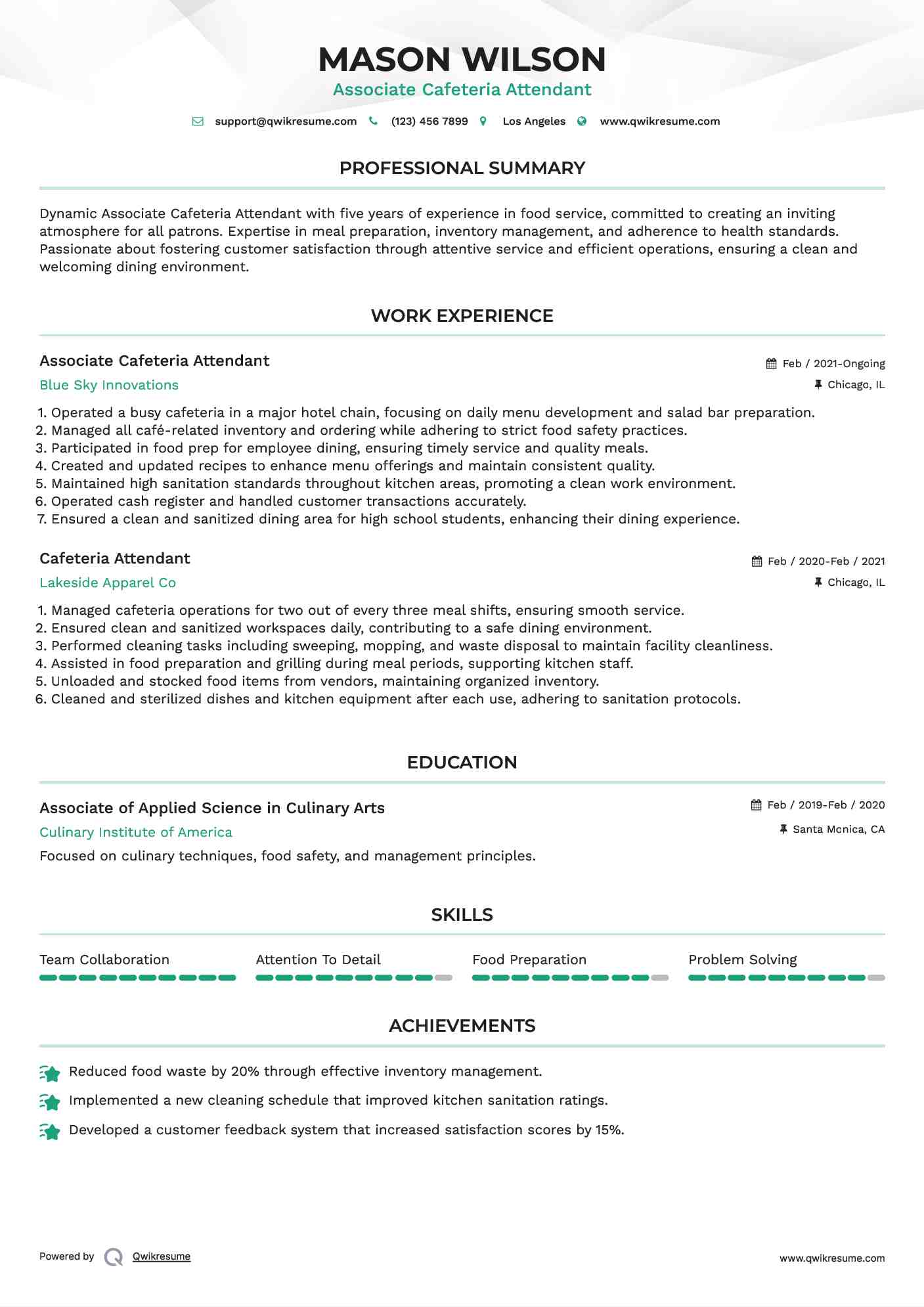 Associate Cafeteria Attendant Resume Template