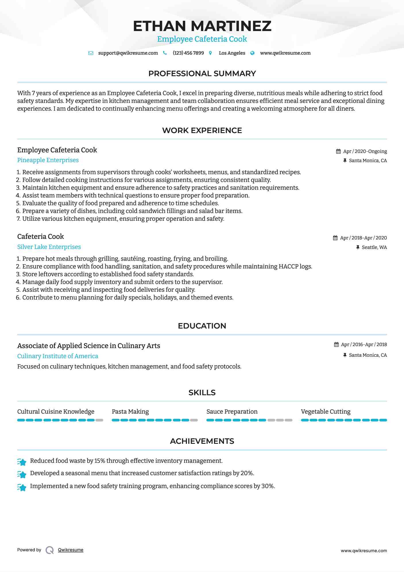 Employee Cafeteria Cook Resume Example