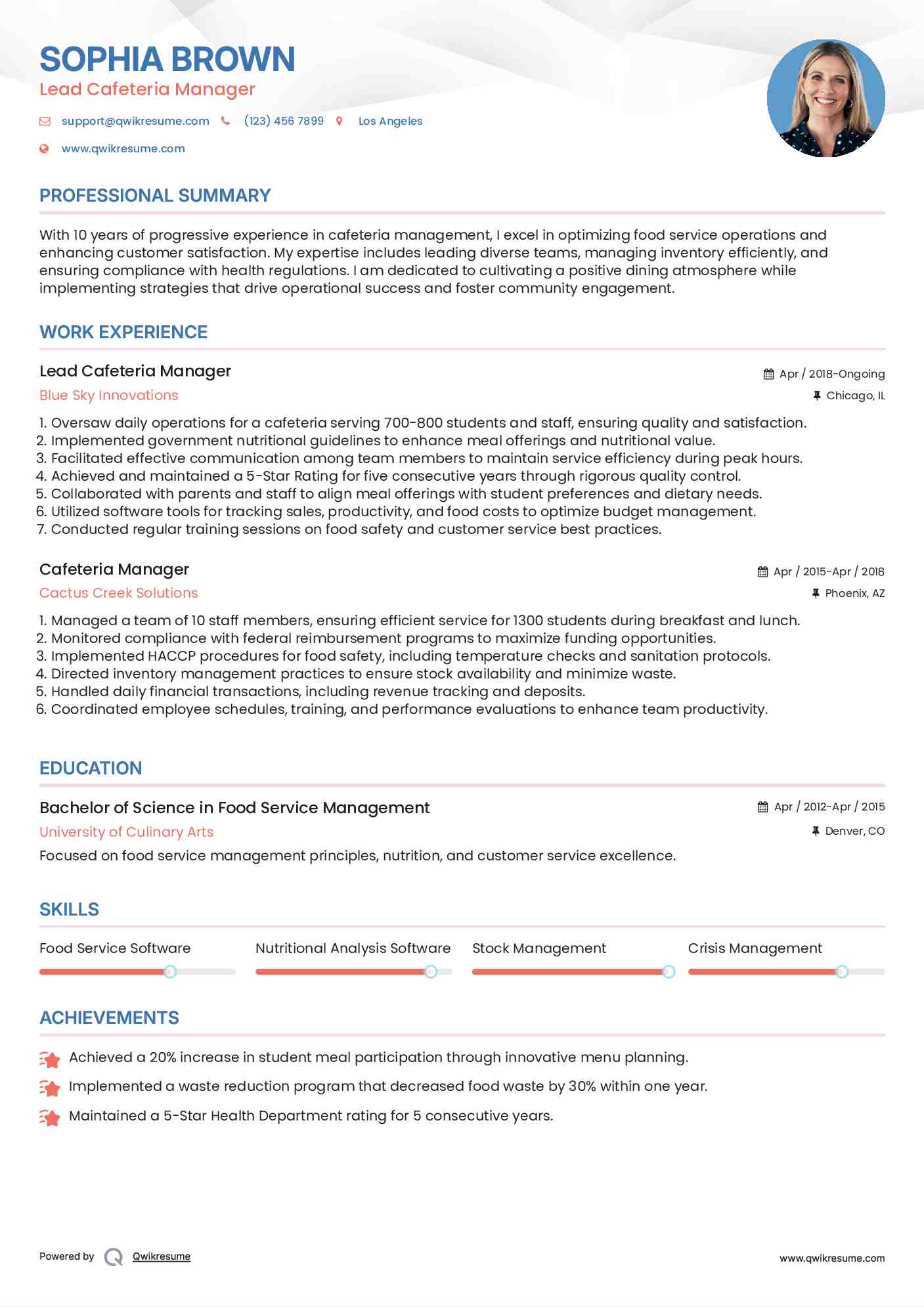 Lead Cafeteria Manager Resume Format