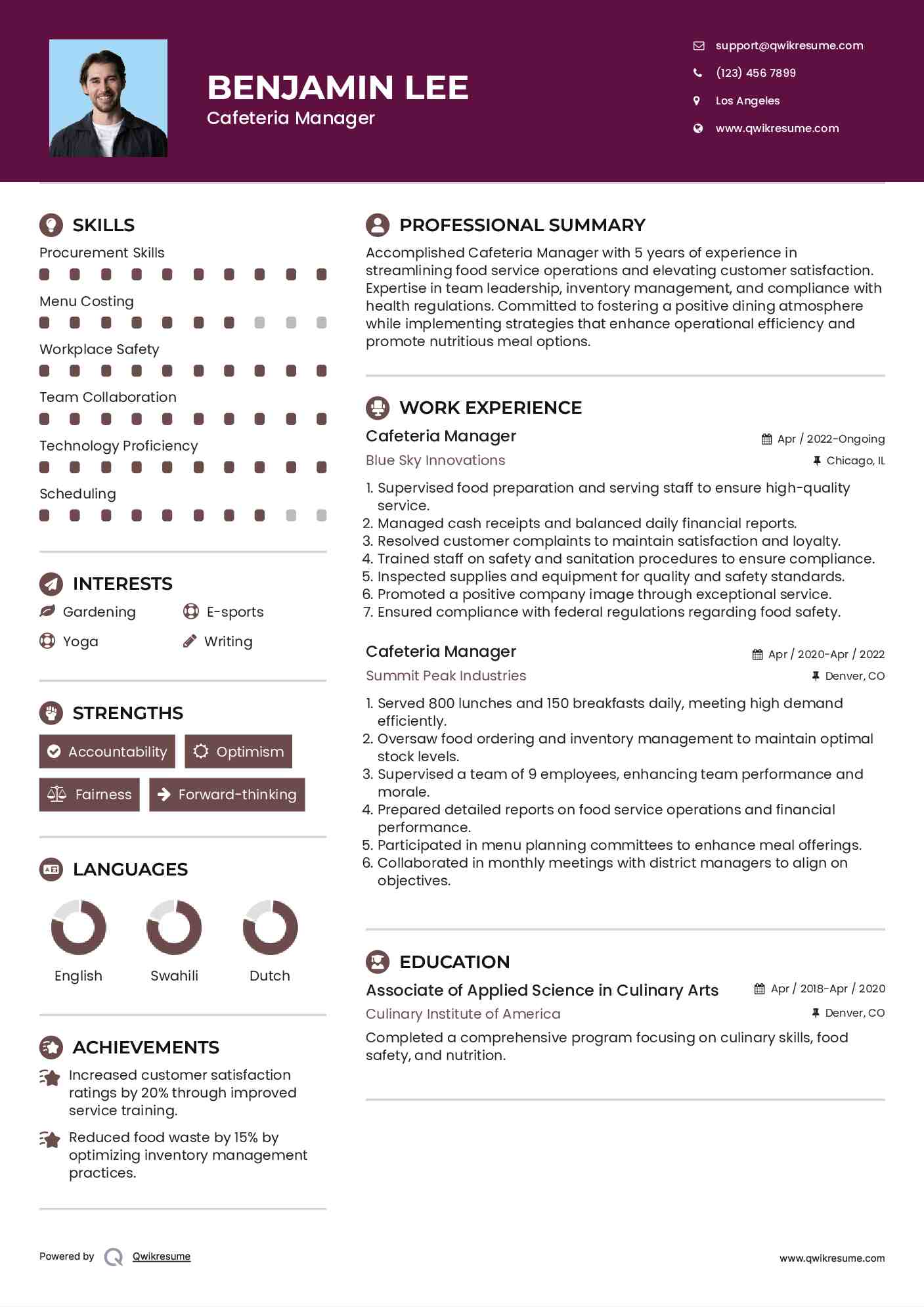 Cafeteria Manager Resume Template