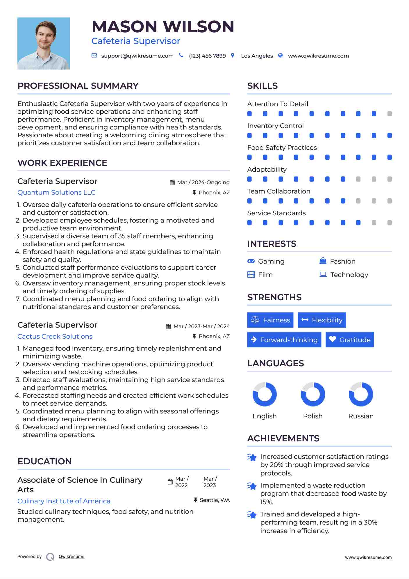 Cafeteria Supervisor Resume Format