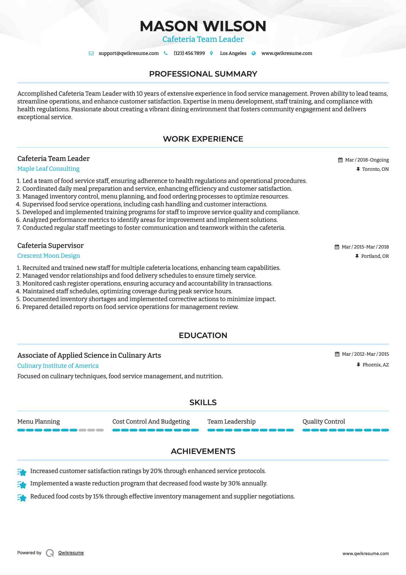 Cafeteria Team Leader Resume Model