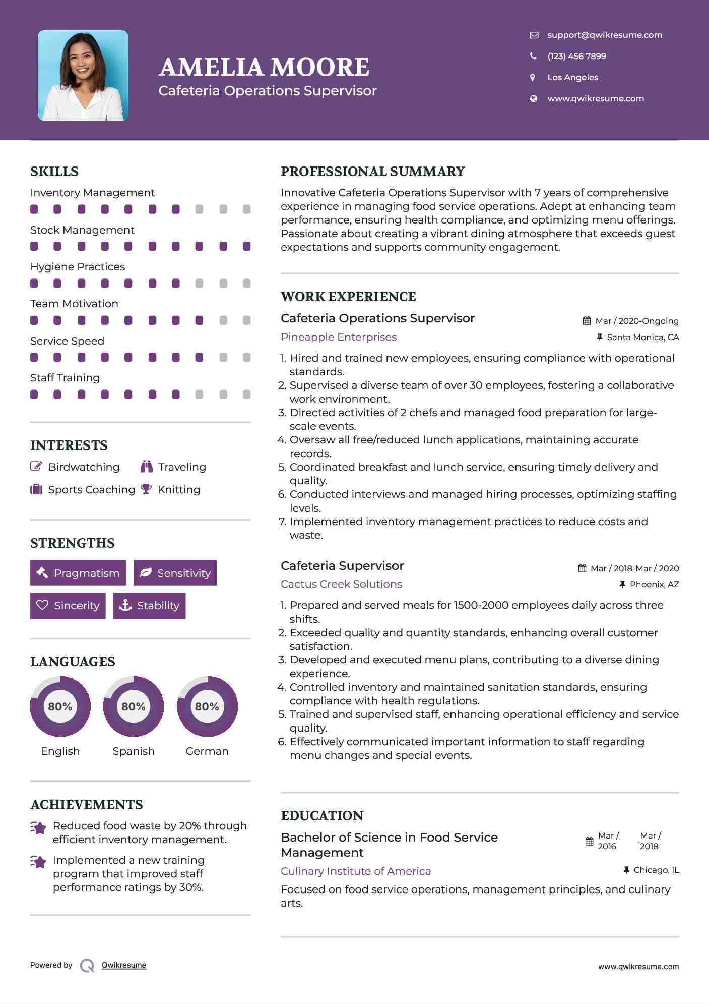 Cafeteria Supervisor Resume Samples QwikResume