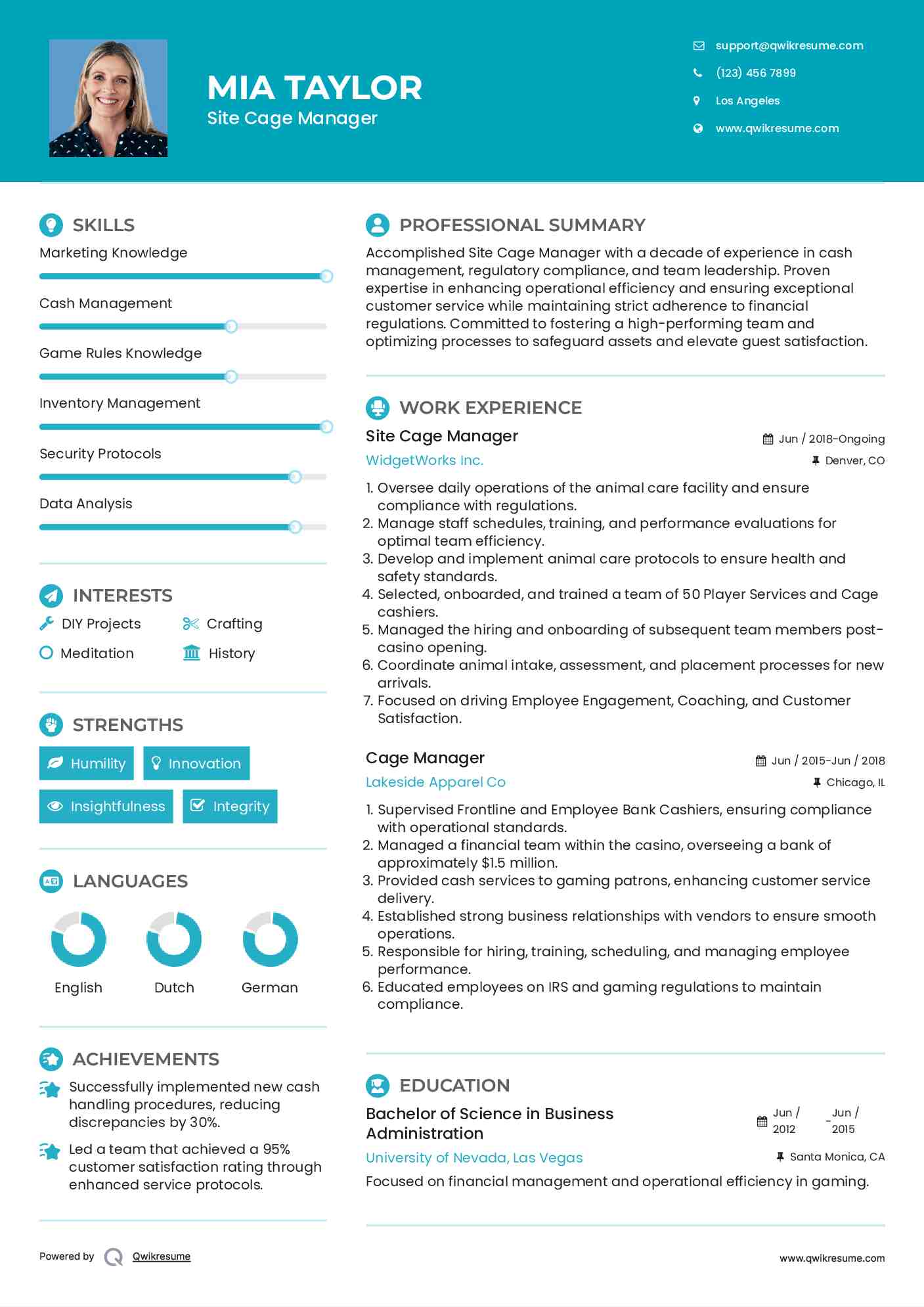Site Cage Manager Resume Template
