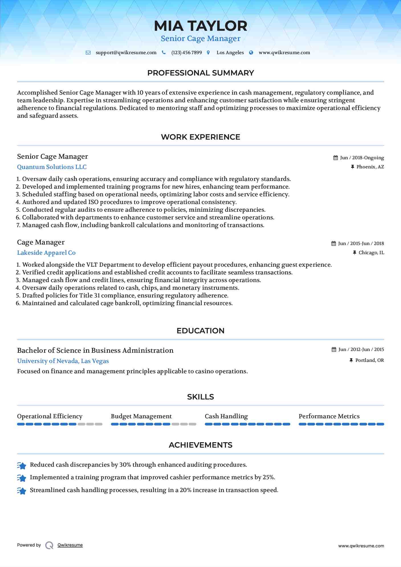 Senior Cage Manager Resume Format