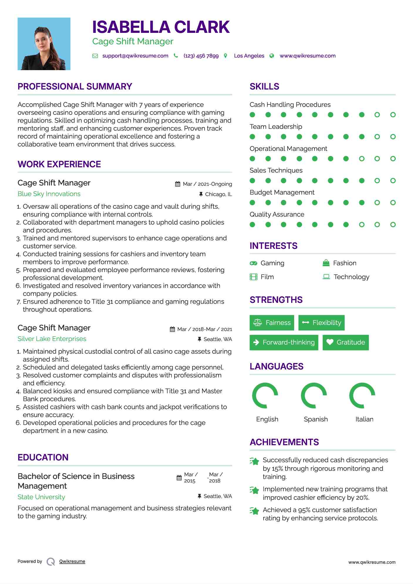 Cage Shift Manager Resume Sample