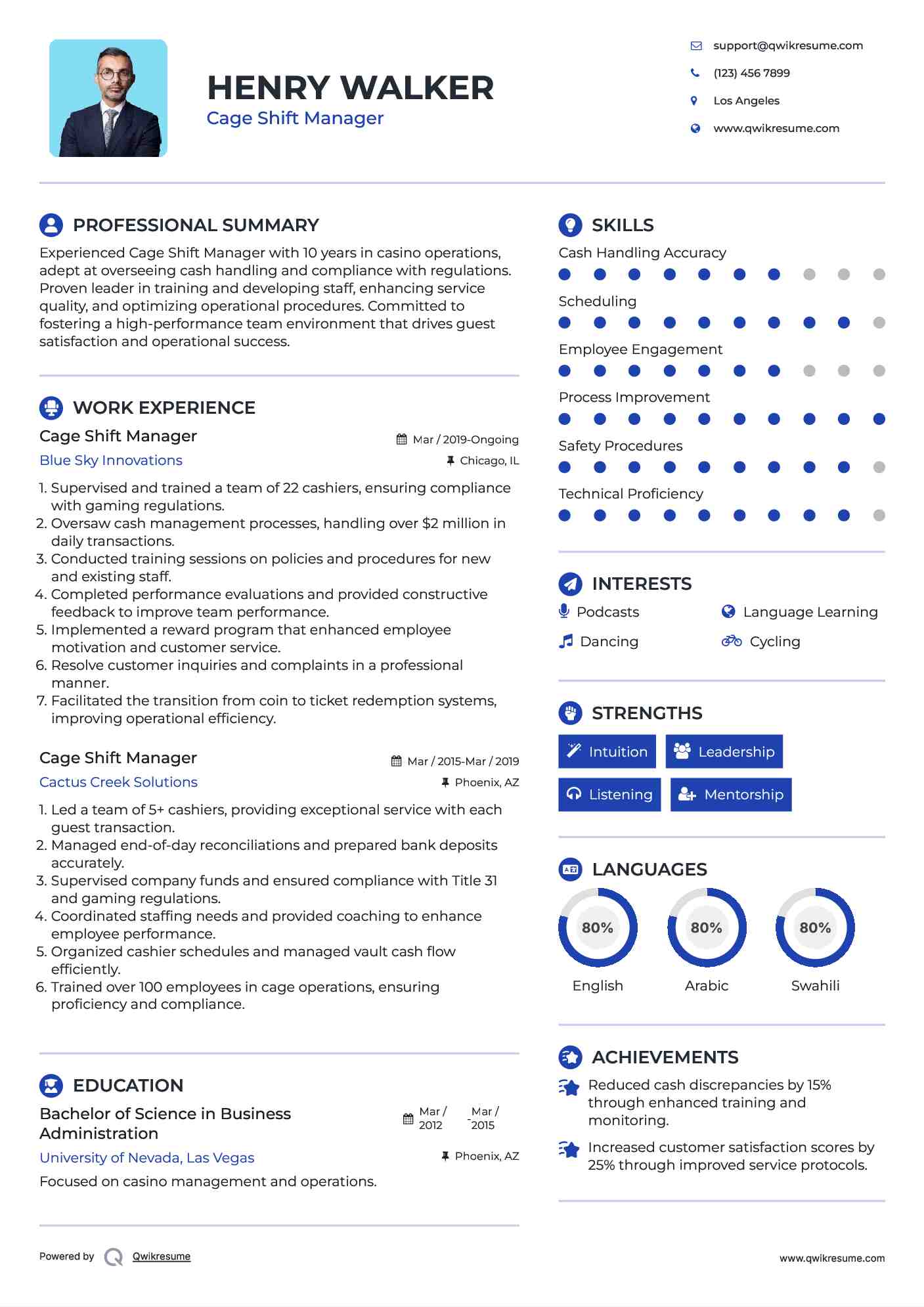 Cage Shift Manager Resume Sample