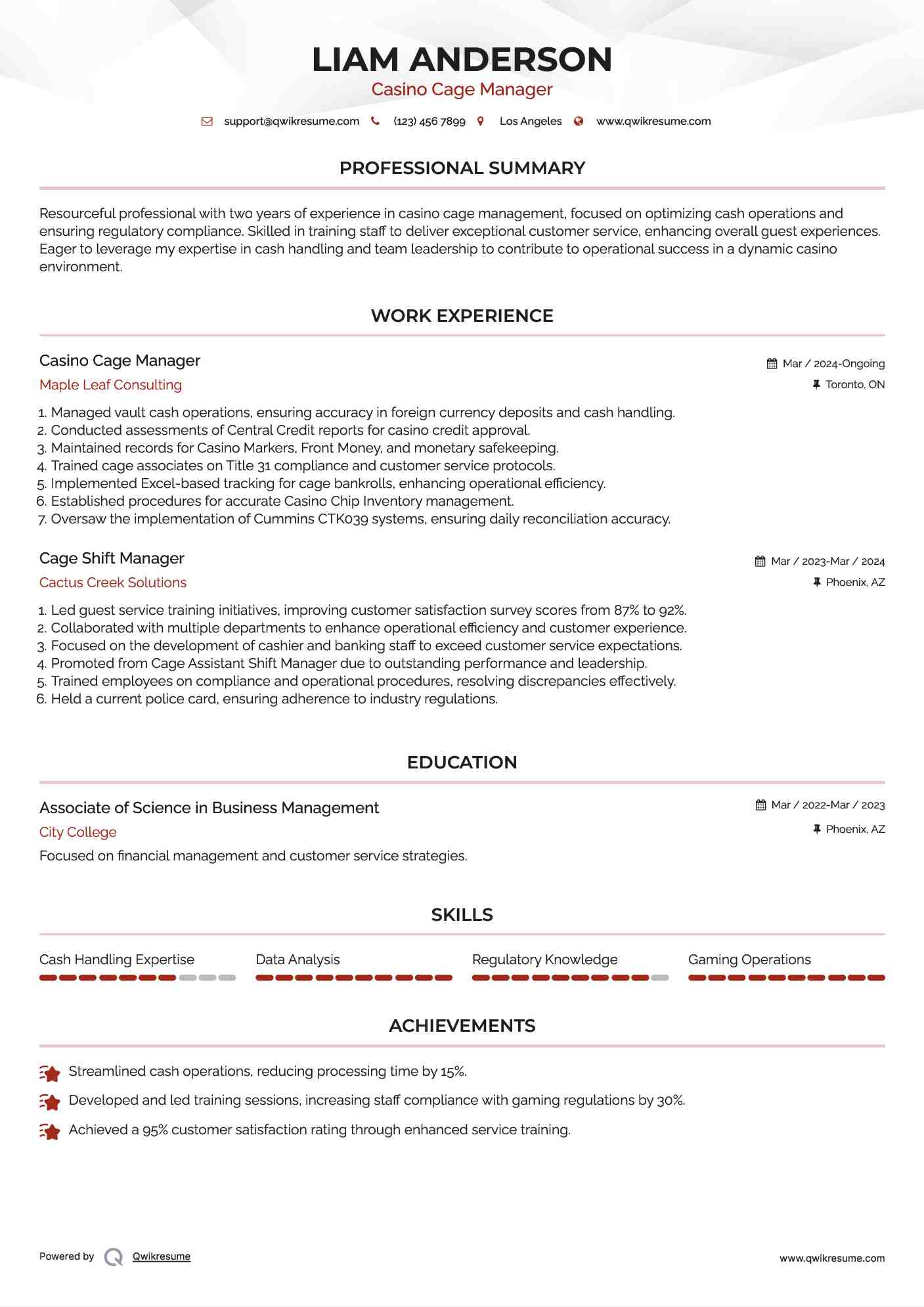 Casino Cage Manager Resume Model