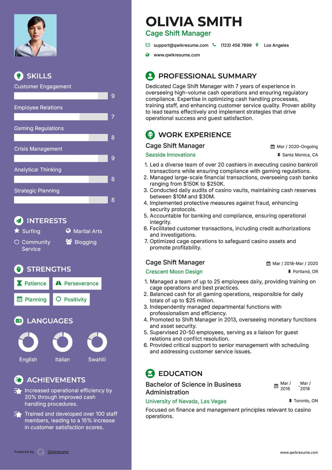 Cage Shift Manager Resume Example