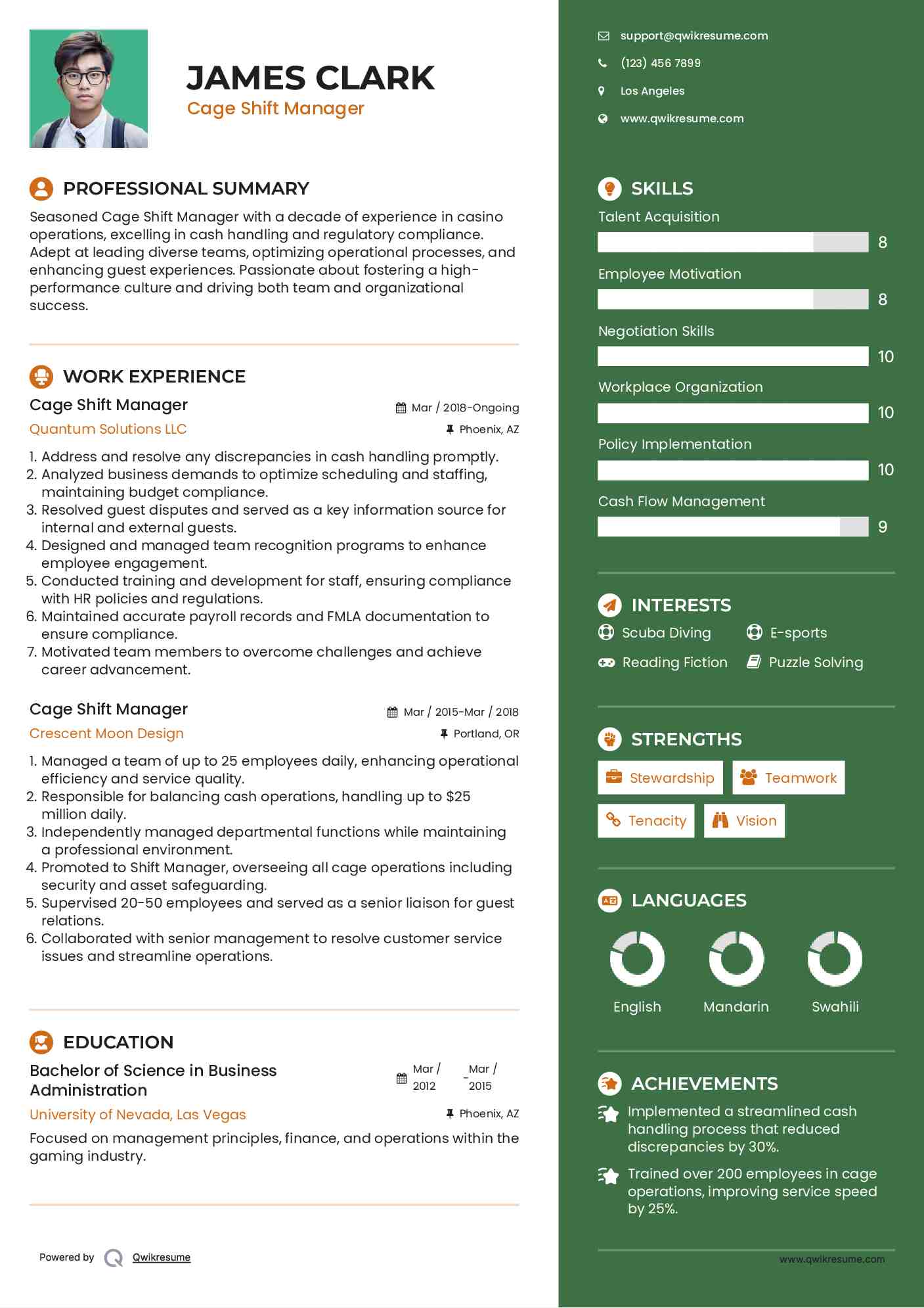 Cage Shift Manager Resume Format
