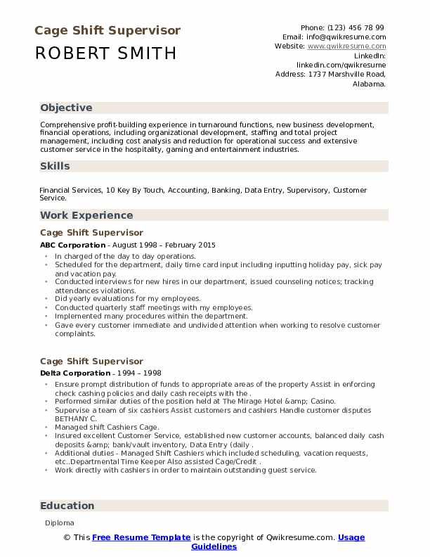 Cage Shift Supervisor Resume Samples QwikResume