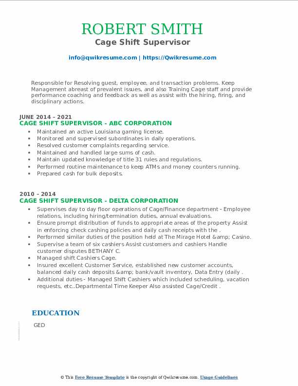 Cage Shift Supervisor Resume Samples QwikResume