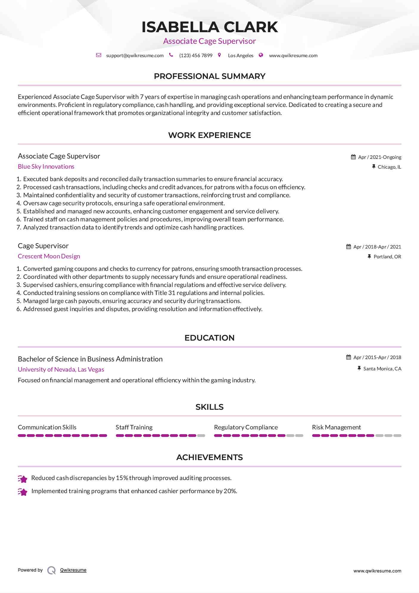 Associate Cage Supervisor Resume Sample